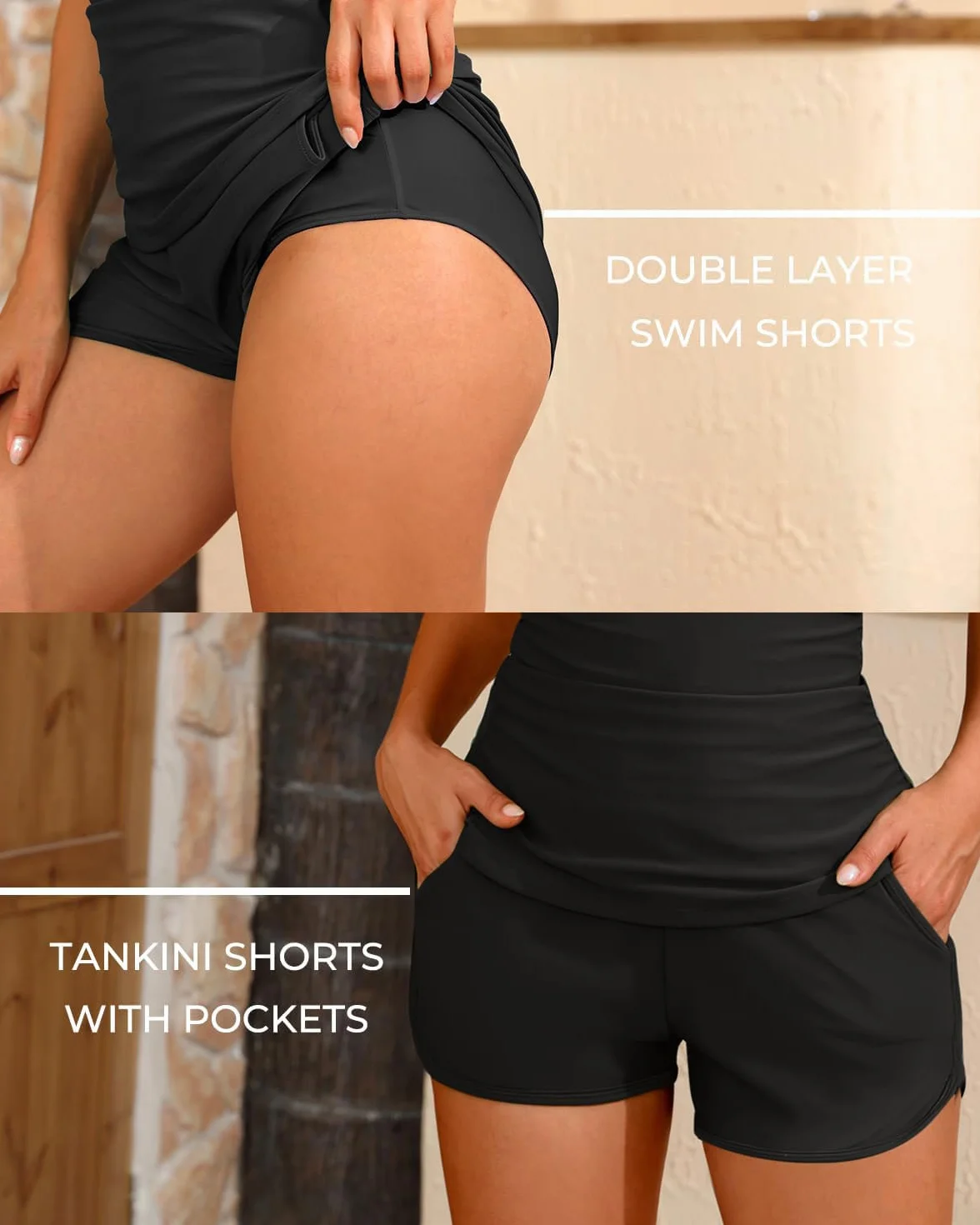 CheChury Femmes 2 Pièces Maillot de Bain Tankini Shorty avec Poches Elégante Col en V Top Bikini Maillot de Plage Taille Haute Amincissant Tankini