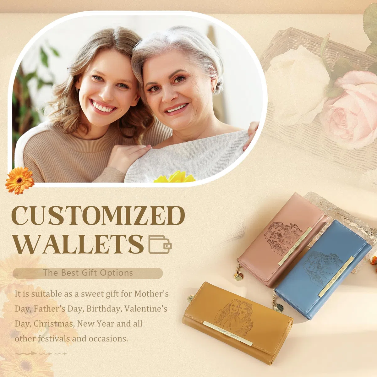 Personnalisé Portefeuille Femme Grand Format Photo et Nom Portefeuille avec Pochette de Monnaie Porte-Cartes Cadeau pour Femme Anniversaire Noël (Rose)