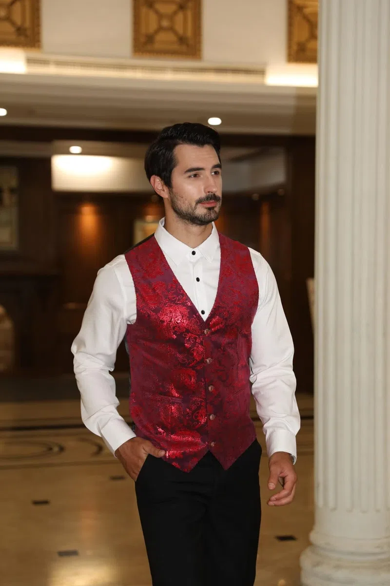 Allthemen Gilet Homme Classique Paisley Floral Jacquard Gilet Mariage Luxe Soirée Slim Fit Gilet de Costume pour Homme