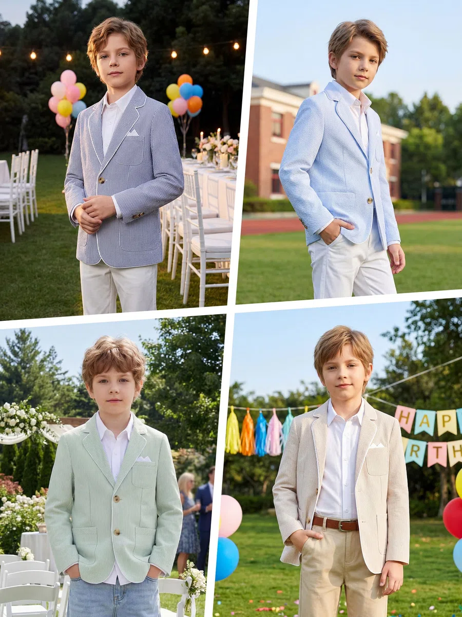 LOLANTA Blazer en Seersucker Respirant pour Enfants, Veste de Costume rayée élégante pour garçons, pour Occasions décontractées d’été, 5-13 Ans