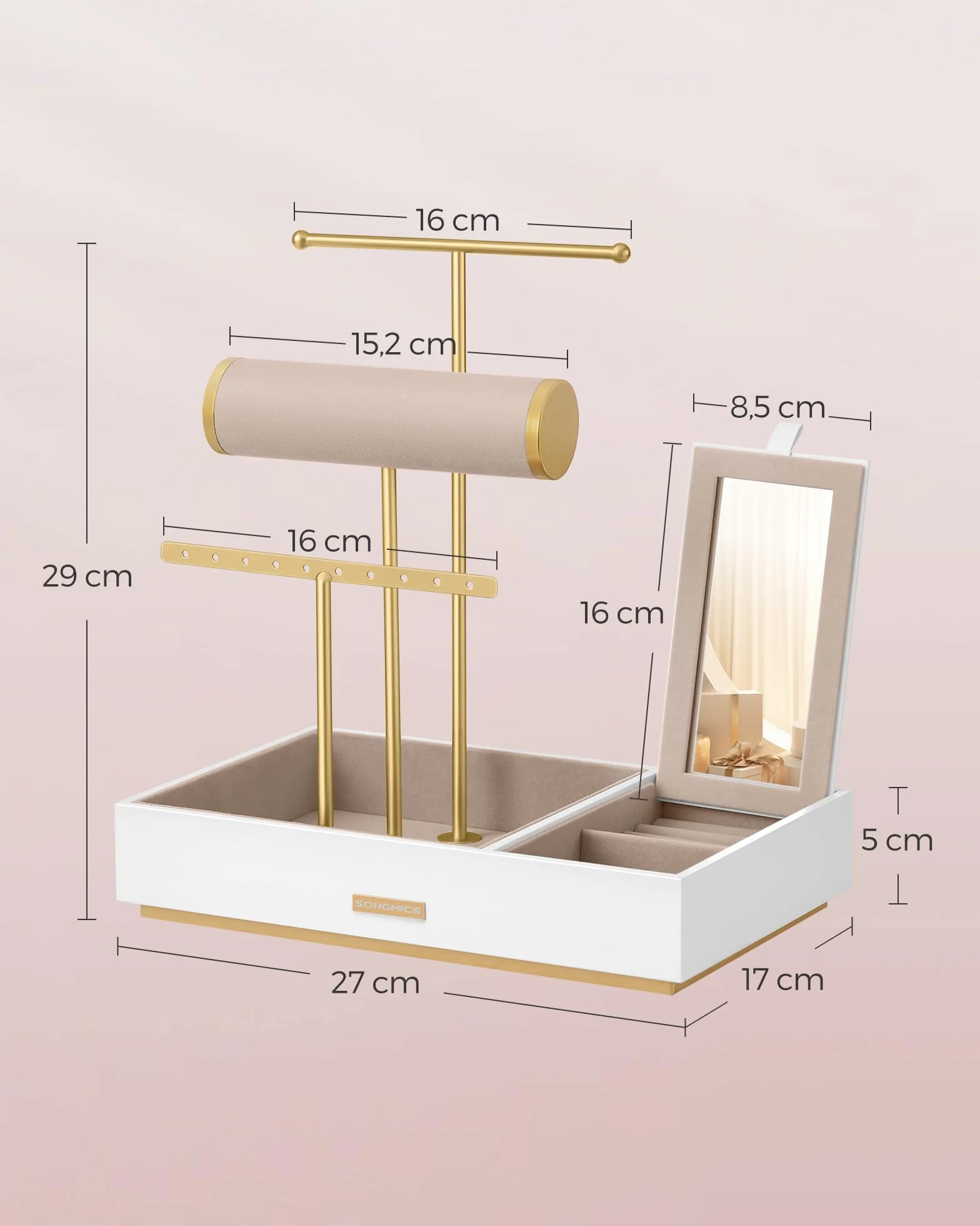 SONGMICS Porte-bijoux, Organisateur de Bijoux, Support Accessoires, en Métal et Bois, pour Colliers, Bracelets, Boucles d'oreilles, Bagues, Blanc et Doré JJS022W01