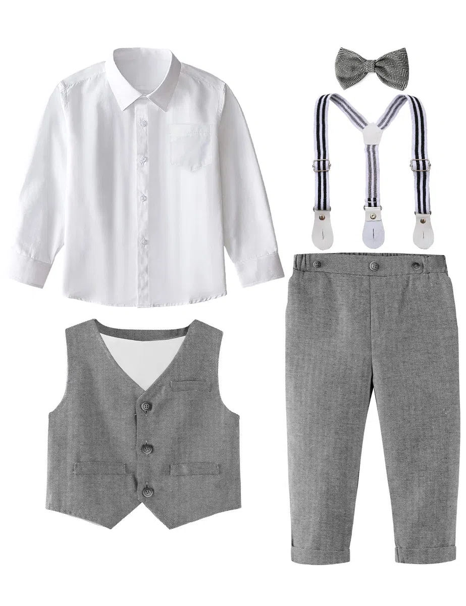 mintgreen Bébé Garçon Vêtements 3PCS Garçon Mariage Costume, Chemise + Pantalon + Bretelles + Gilet + Bowtie