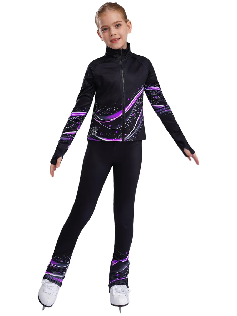 Choomomo 2PCS Enfant Fille Tenue de Patinage Artistique Ensembles Haut Veste et Pantalon Collant Legging Justaucorps Gymnastique Tenue Patinage sur Glace 5-16 Ans