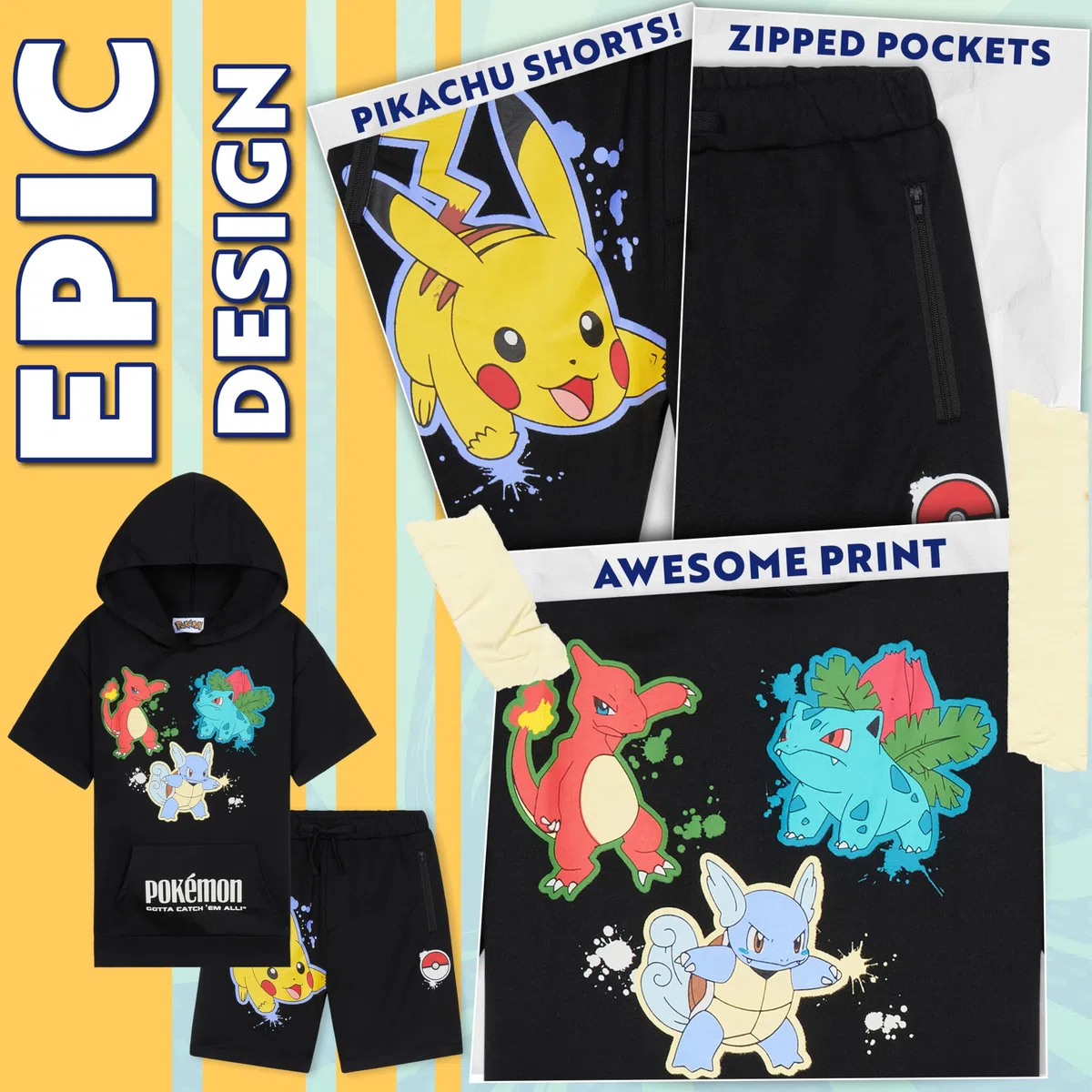 Pokémon Short à Capuche Survêtements Garçon et Ado 2 Pz Set Pikachu Manches Courtes Jogging Enfant Poches Zippées Cadeau Garcon