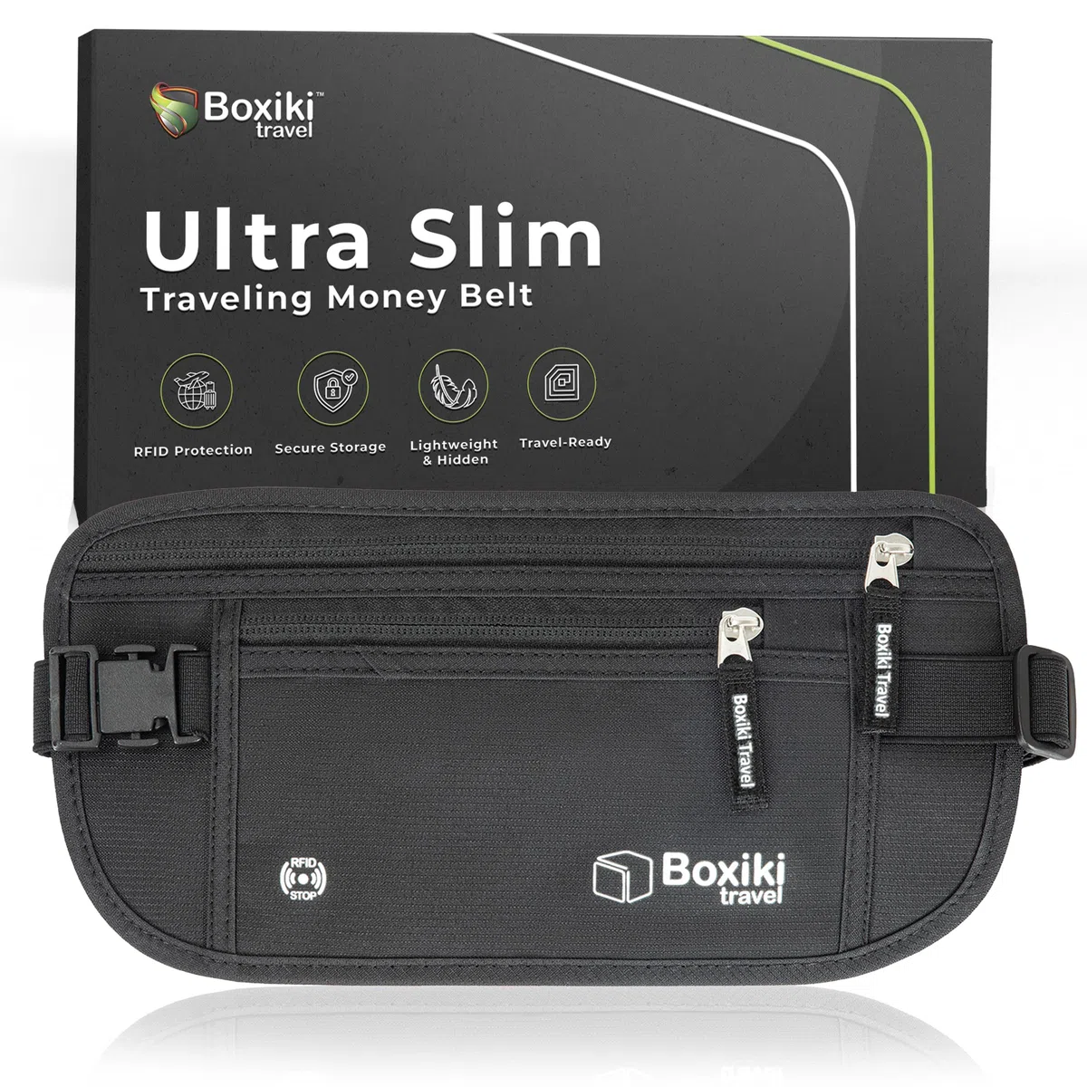 Boxiki Travel Ceinture d'argent dissimulée pour hommes et femmes - Sac de taille RFID bloquant pour passeport, portefeuille et téléphone - Sécurisé et fiable pour les voyages