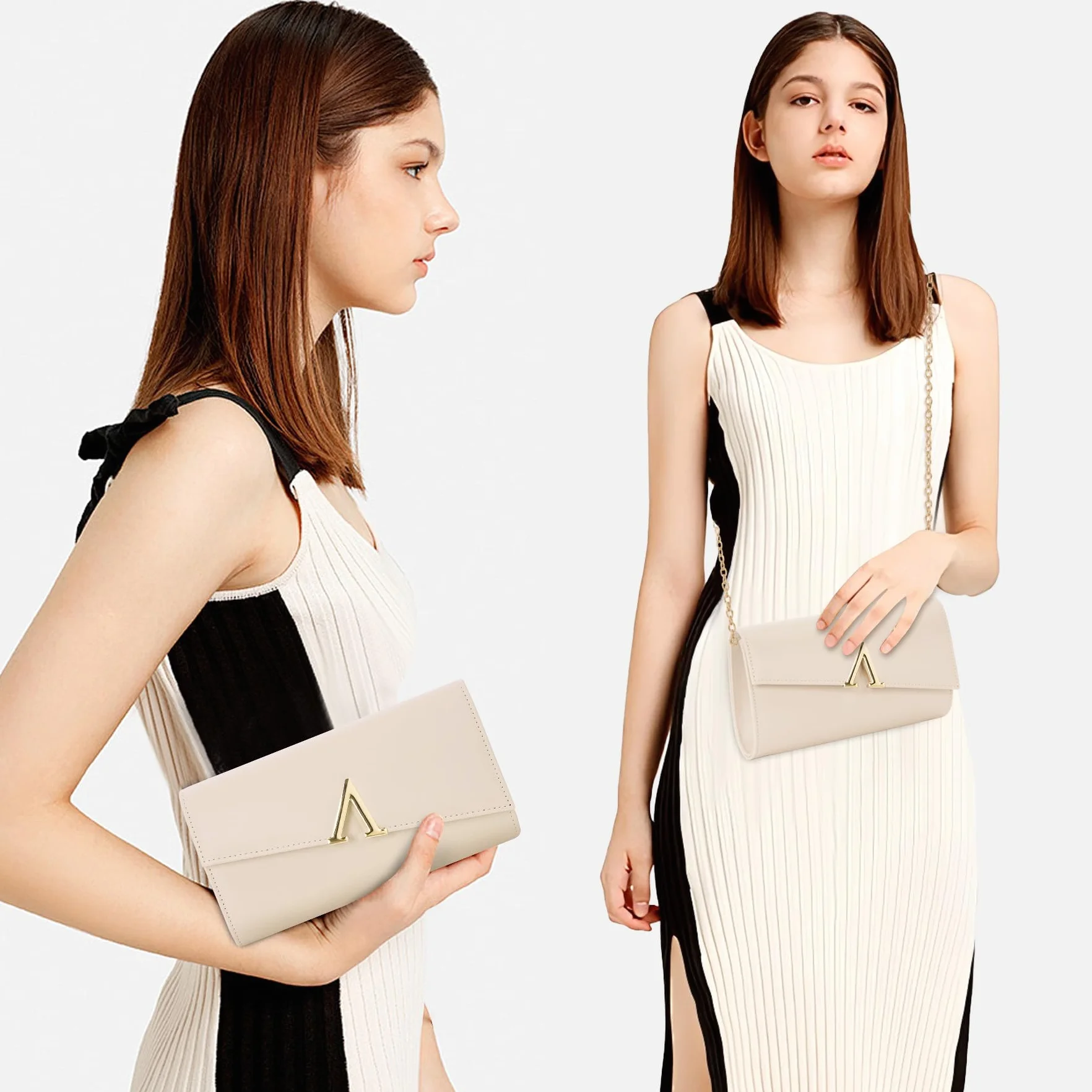 Larcenciel Pochettes et Clutches Femme Nude, Pochette Soiree Femme Élégant en Cuir PU Végétalien avec Chaîne, Sac a Main Crème à la Mode pour Mariage, Fete, Boule, Cocktail, Cérémonie 23x5x13CM