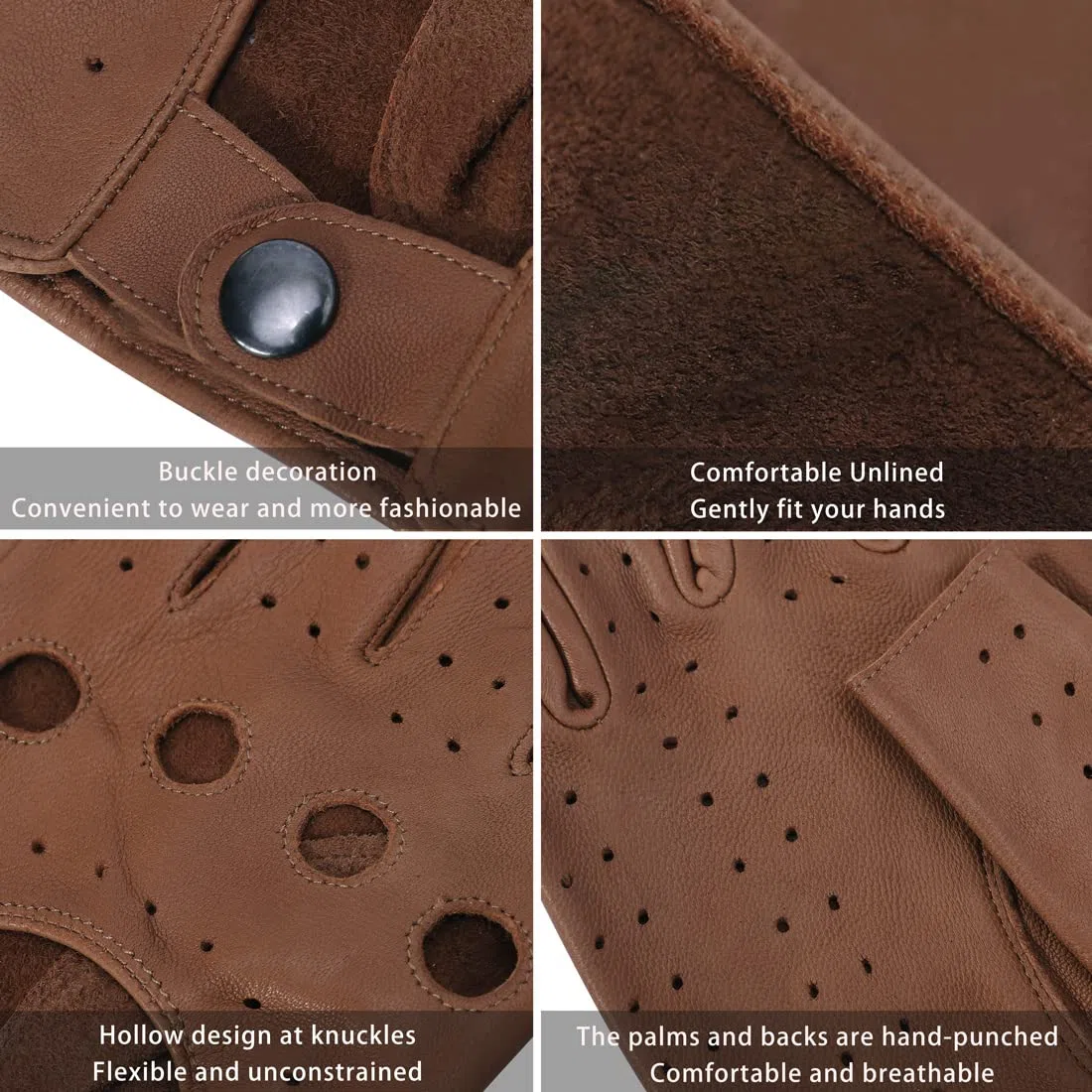 Harssidanzar Gants de conduite en cuir à demi-doigt sans doigts pour hommes, mise à niveau sans doublure en peau d'agneau GM032EU