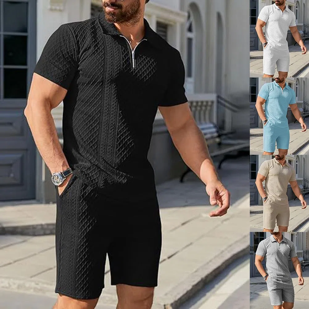 Homme Ensemble Chemises 1/4 Zip Hauts à Manches Courtes 2 Pièce Survêtement Été T-Shirt Chemisette et Pantacourt Bermudas Shorts pour Vacance Loisir