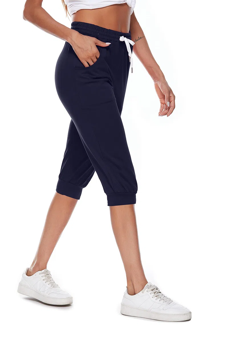 Pantacourt Femme Sport 3/4 Pantalon de Jogging Coton Léger Capri Pantalon Survêtement Yoga Gym Running Pantalons avec Poches