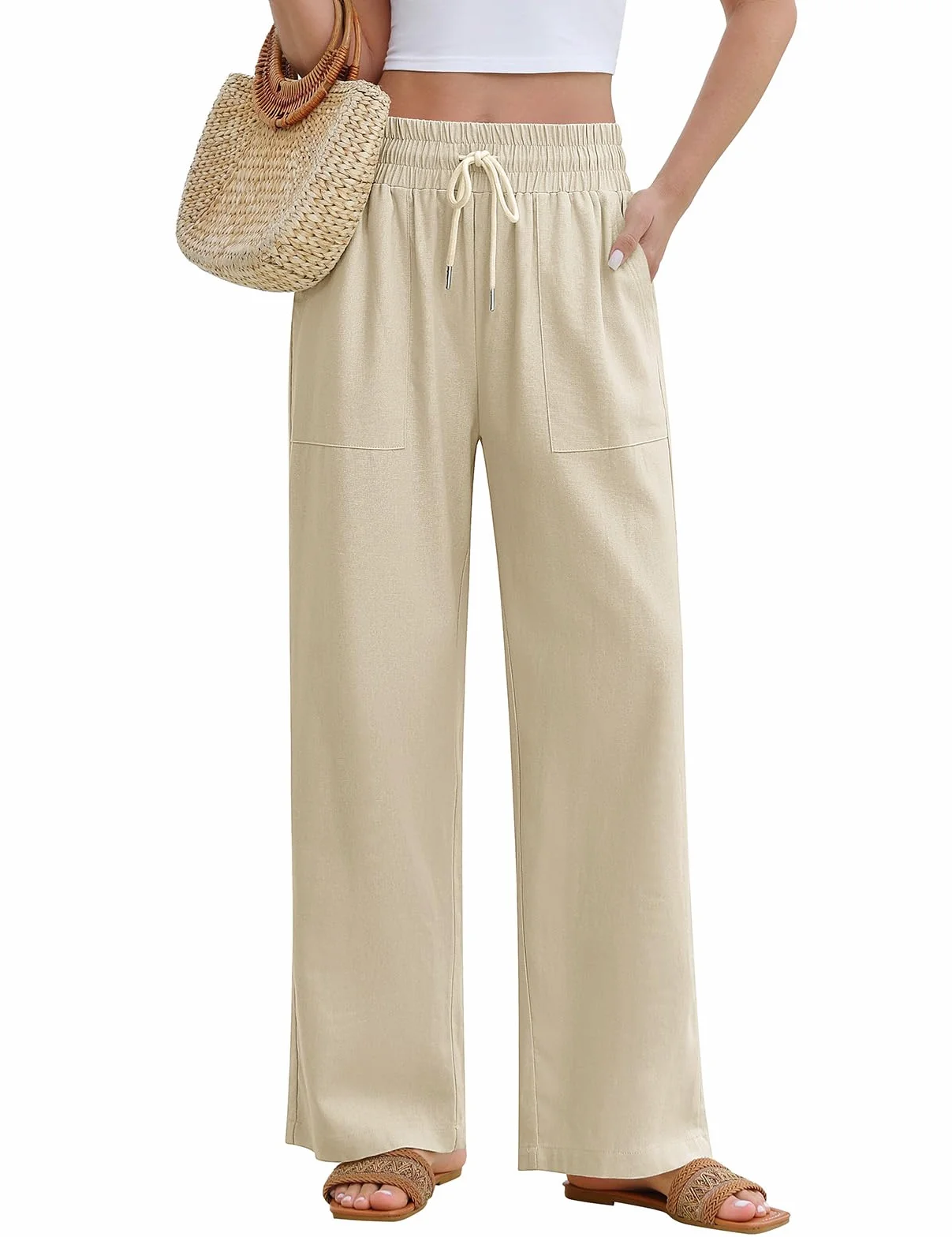 Pantalon Femme Fluide Été Pantalons Lin Taille Haute Elastique Pantacourt Léger Ample Jogging Décontractée Large avec Cordon de Serrage Longueur Pants Chic et Elegant avec Poches
