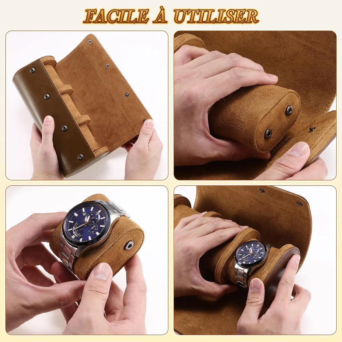 VILLCASE Boîte de Rangement pour 3 Montres, Étui de Voyage Portable en Cuir PU, Rouleau de Transport avec Coussins Souples, Coffret Cadeau Homme - Marron