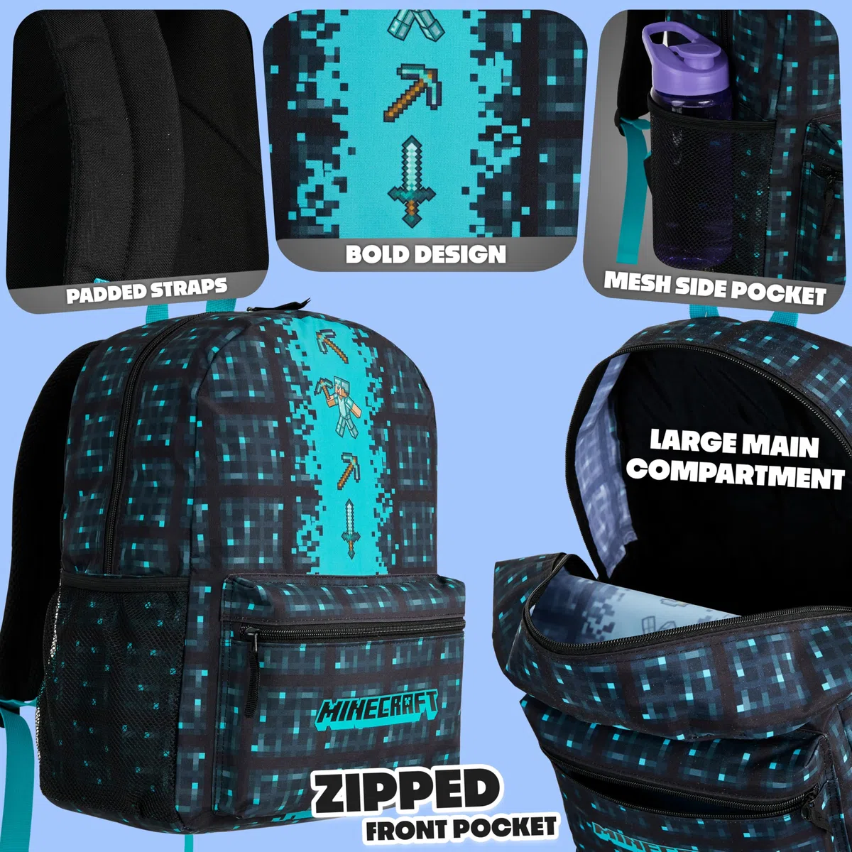 Minecraft Sac à Dos École pour Enfants Avec Poche Avant Zippée pour Le Sport, La Salle de Sport (Bleu)