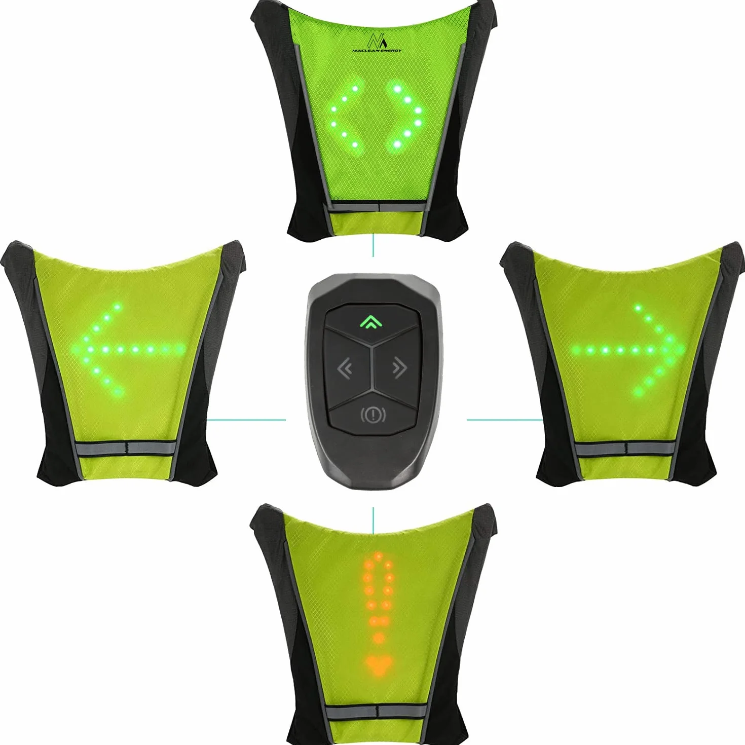 Maclean MCE420 Gilet de sécurité avec indicateurs LED Sac à Dos avec indicateurs de Direction réglables Télécommande Running Cycling USB Gilet de Cyclisme Rechargeable Taille Universelle