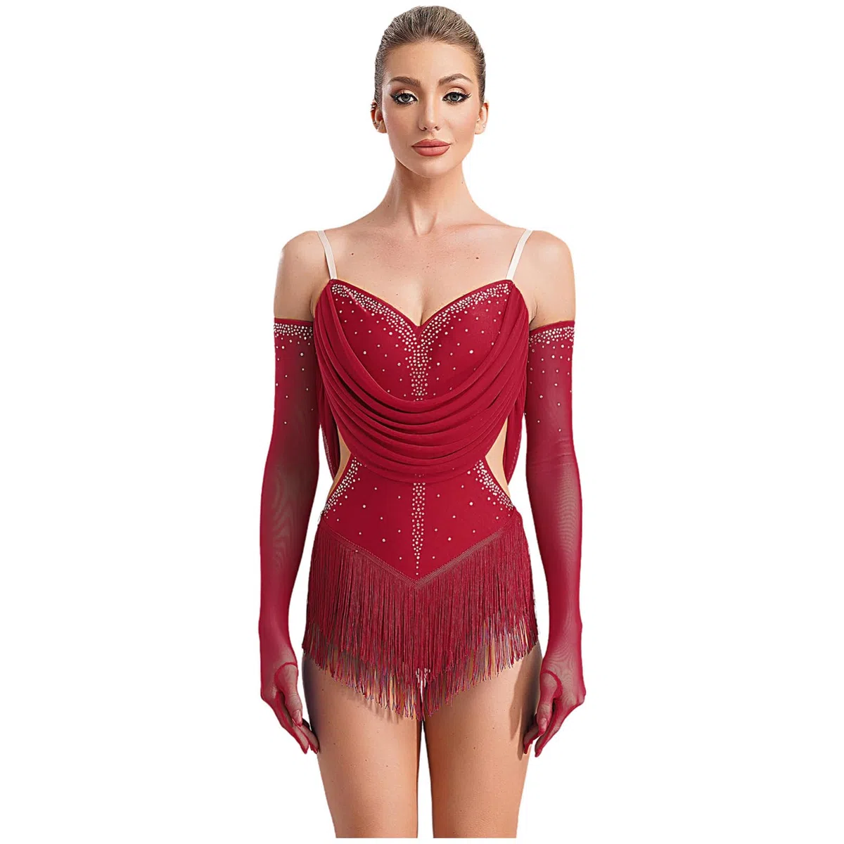 IEFIEL Brillante Body Franges Avec Gants Strass Femme Leotard Danse Latin Tango Rumba Spectacle Danseuse Justaucorps Gymnastique Rythmique