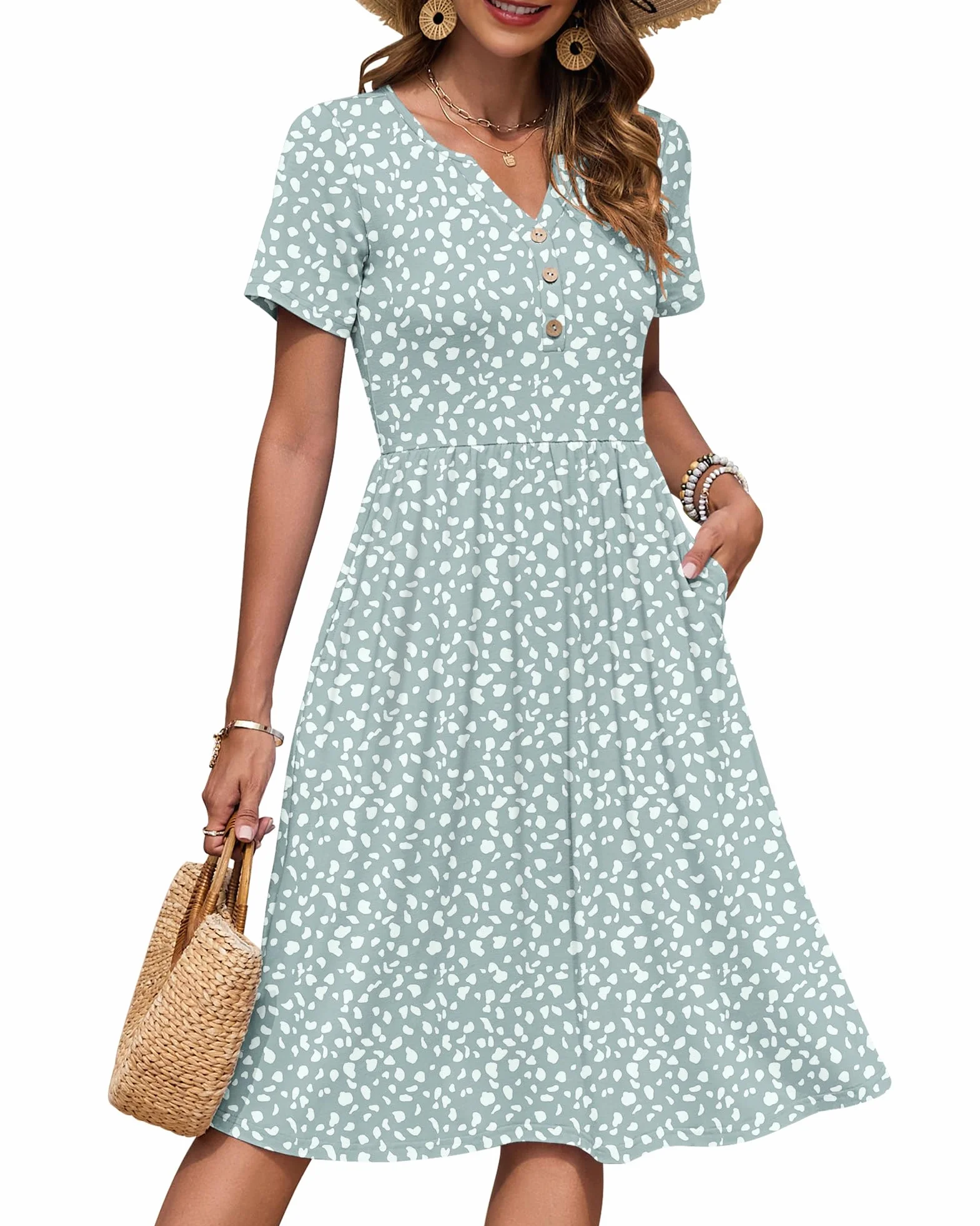 AUSELILY Robe Femme d'été à Manches Courtes avec Boutons Robes Longueur Genou légère Col en V Style Empire Décontractée avec Poches