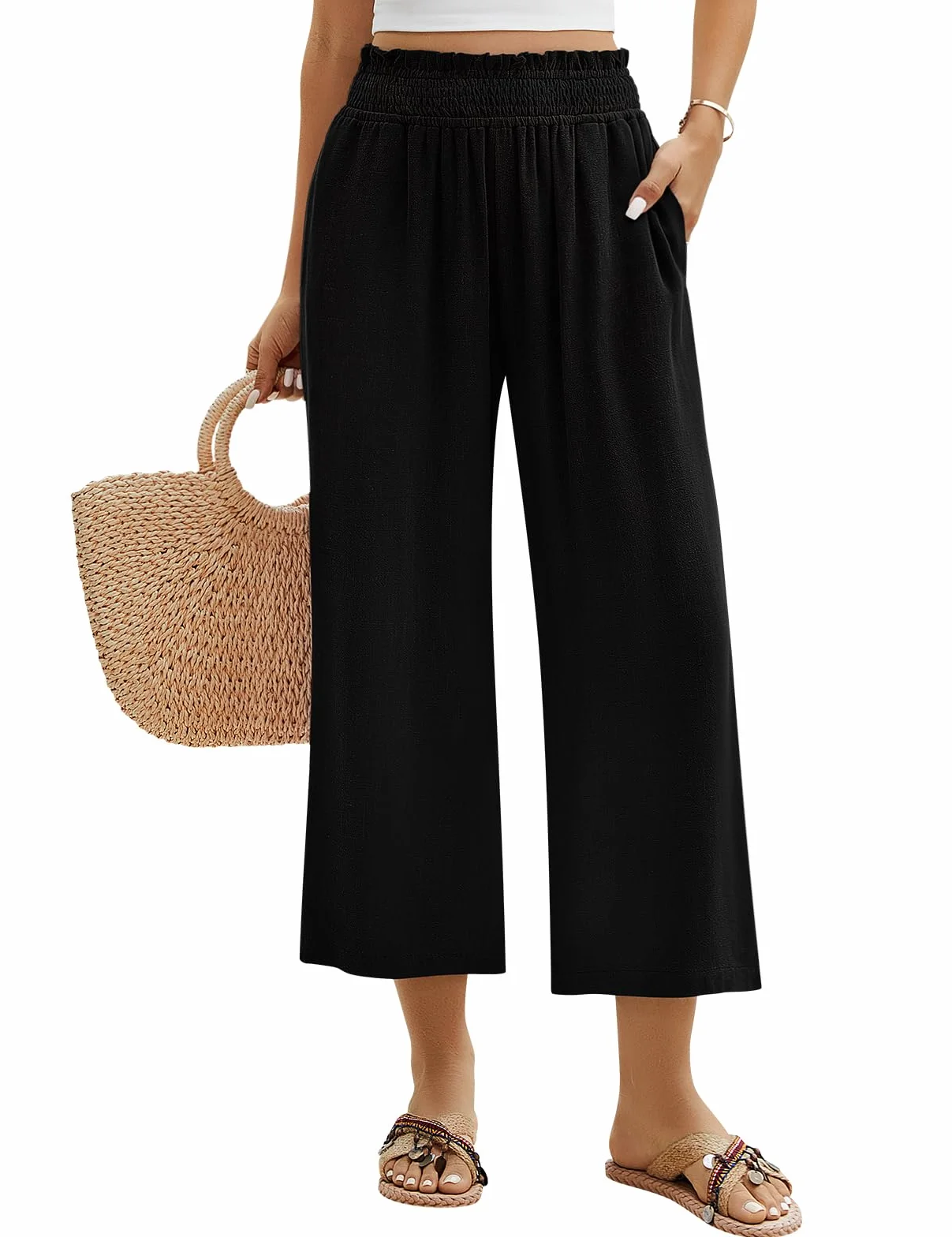 Pantalon Fluide Femme Été Coton Lin Pantacourt Décontractée 7/8 Pantalons Taille Elastique Solide Couleur Léger Casual Yoga Plage Longueur Pants avec Poches