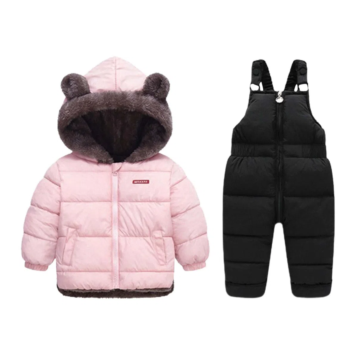 Générique Enfant 2PCS Ensemble de Combinaison de Neige, Doudoune à Capuche + Salopette Pantalons, Manteau de Duvet Zippé Fourrure Hiver Chaud Tenue Imperméable Coupe-vent Plein Air pour Fille Garçon