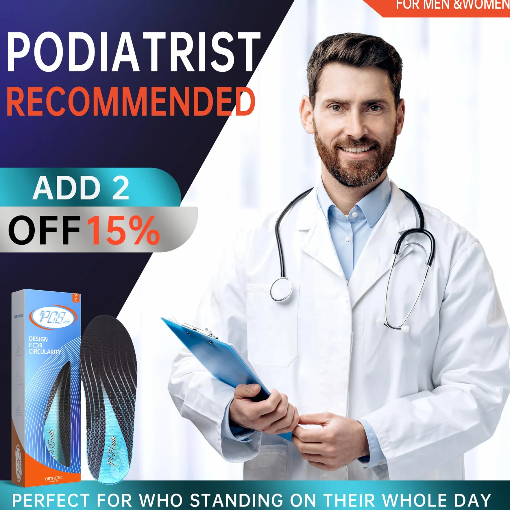 PCSsole Semelles Orthopédiques pour Fasciite Plantaire, Éperon Talonnier, Pieds Plats, Douleur au Pied, Soutien de la Voûte Plantaire, Semelles de Confort pour Hommes et Femmes