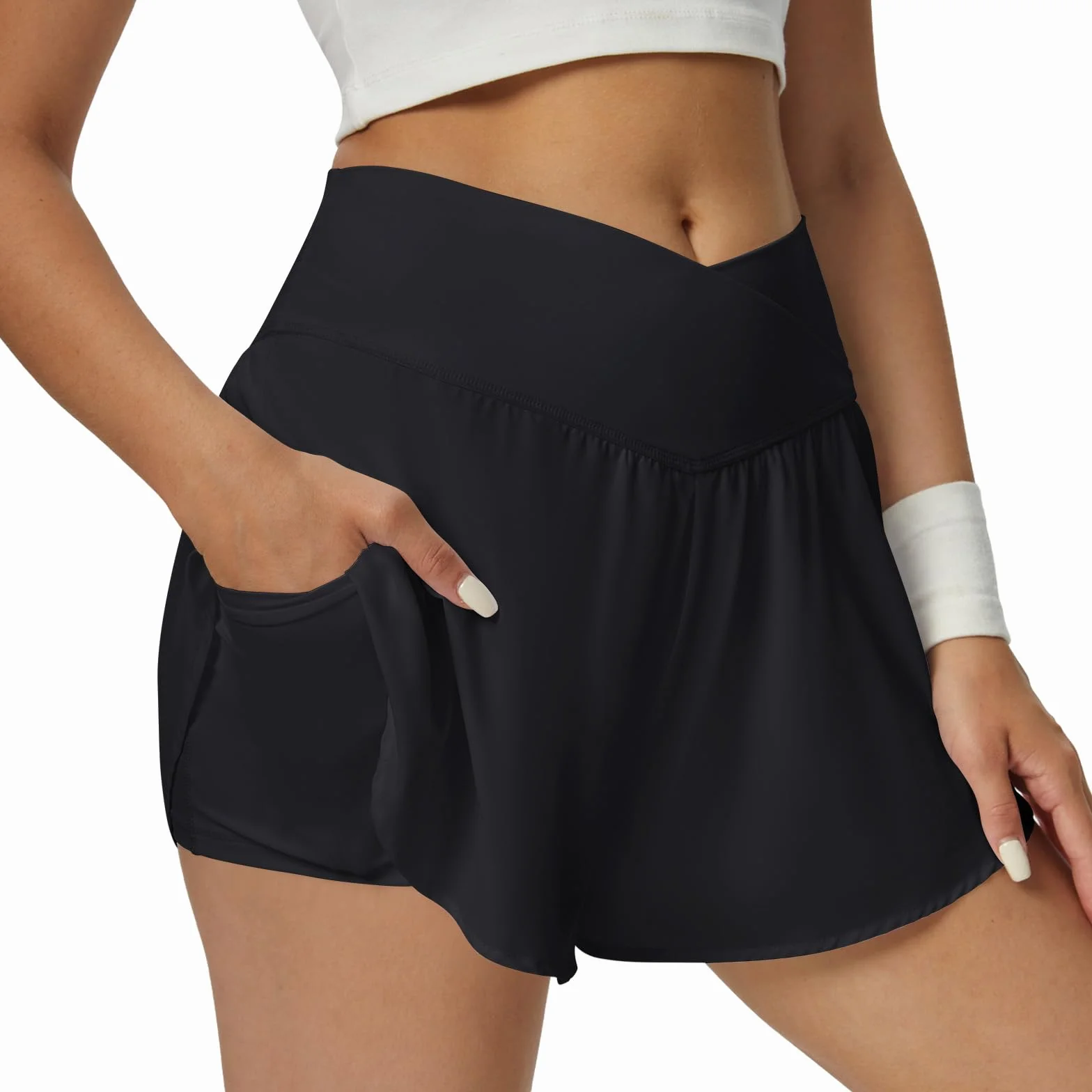 Friptspyg Shorts Sport pour Femmes Courtes V Cross Taille Haute 2-en-1 Shorts de Running D'été Tennis