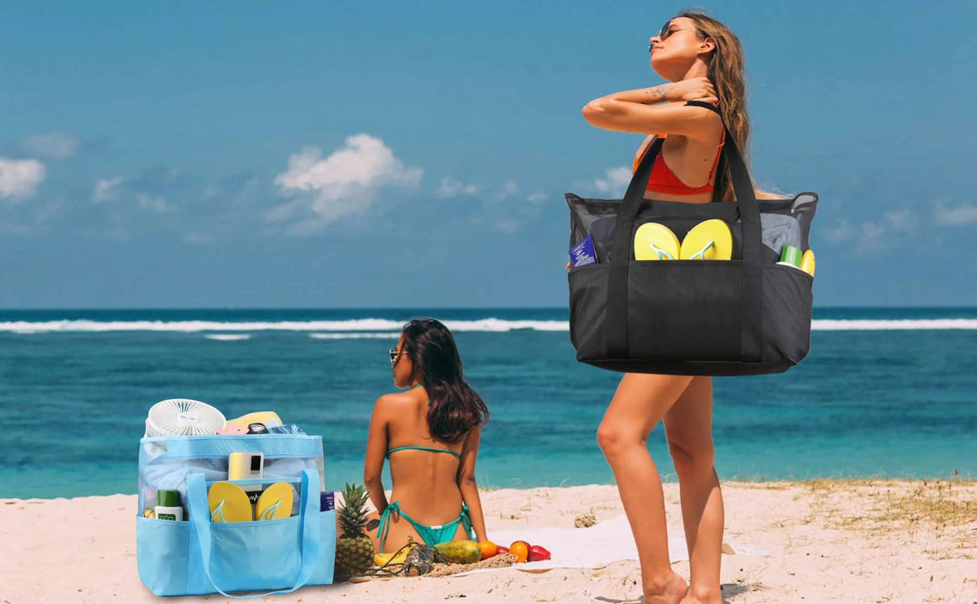 Sac de Plage Grand en Maille avec Fermeture Éclair, Fourre-Tout de Plage Anti-Sable Pliable Main Sac, Piscine Voyage L'été Vacances Vêtements Jouets Gym