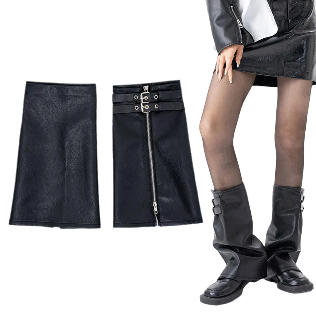Y2K Jambières évasées en cuir PU noir punk avec ceinture à œillets et fermeture éclair pour femme