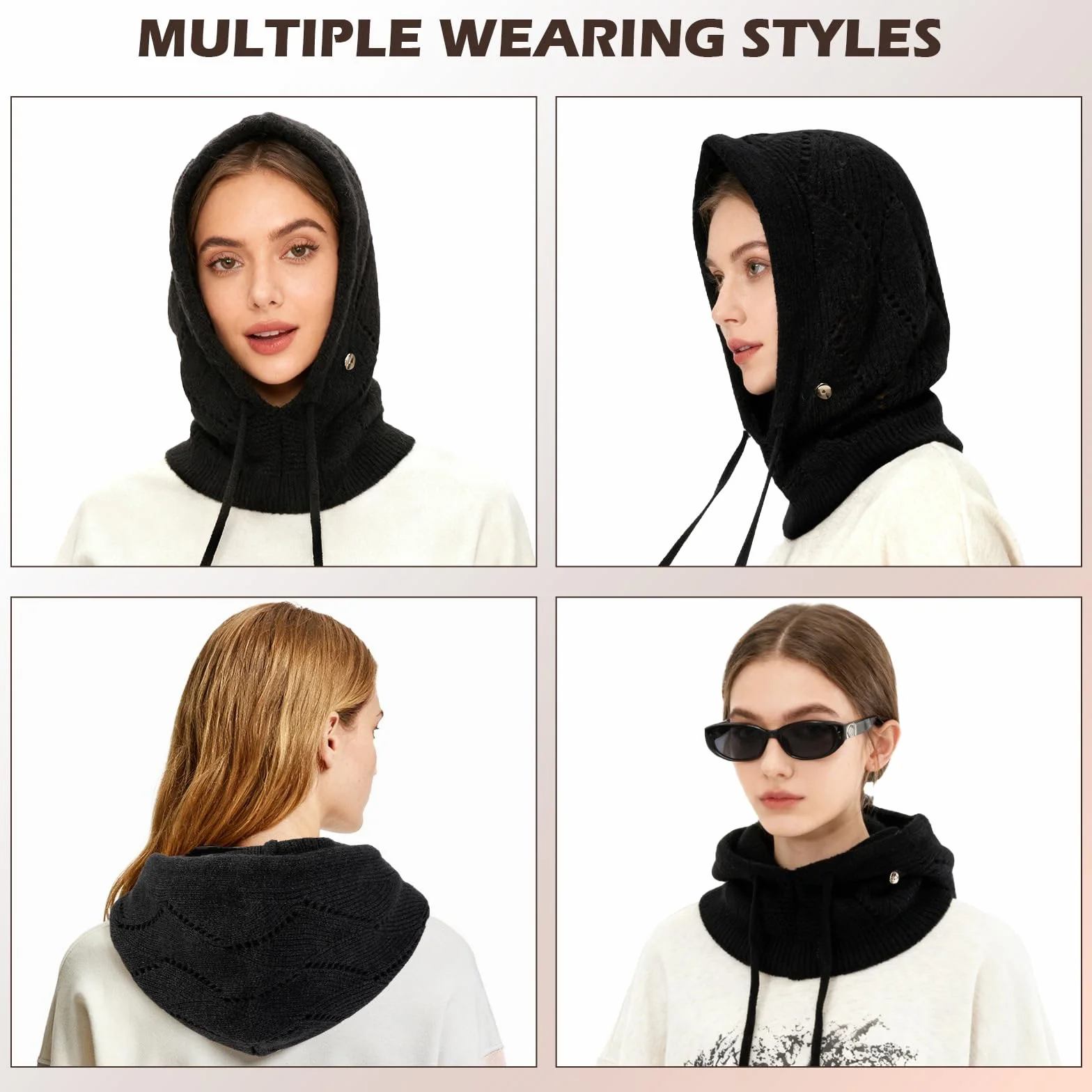 Femme Bonnets et Écharpes Tricotés d'hiver, 2 en 1 Chaude Coupe-Vent Réglable Cagoule avec Écharpe à Capuche, Élastiques Chapeaux Masque en Laine pour Sports de Plein Air Courses Quotidiennes