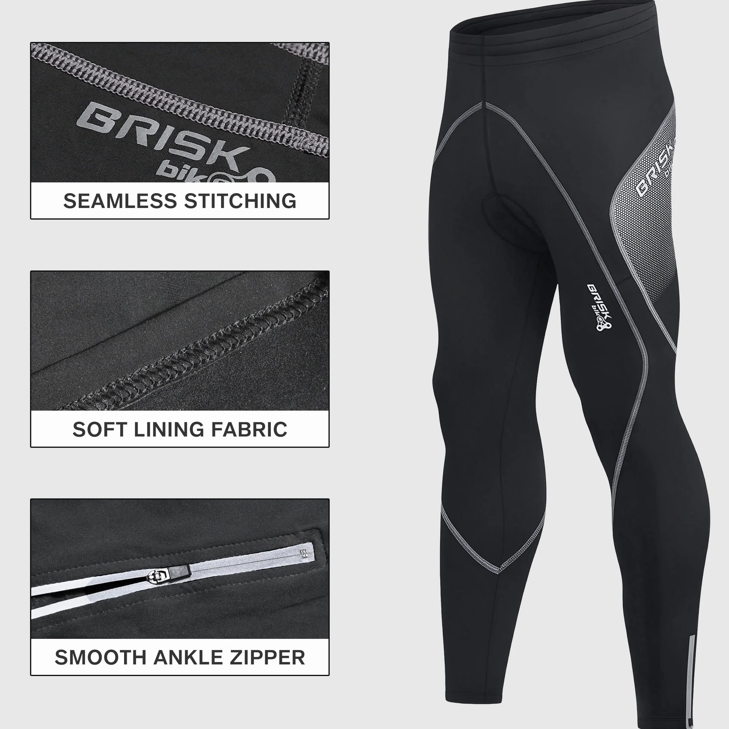 Brisk Bike Pantalon Cycliste Homme Long avec Fermetures éclair réfléchissantes, Extensible, rembourré, en Coolmax Pantalon Velo