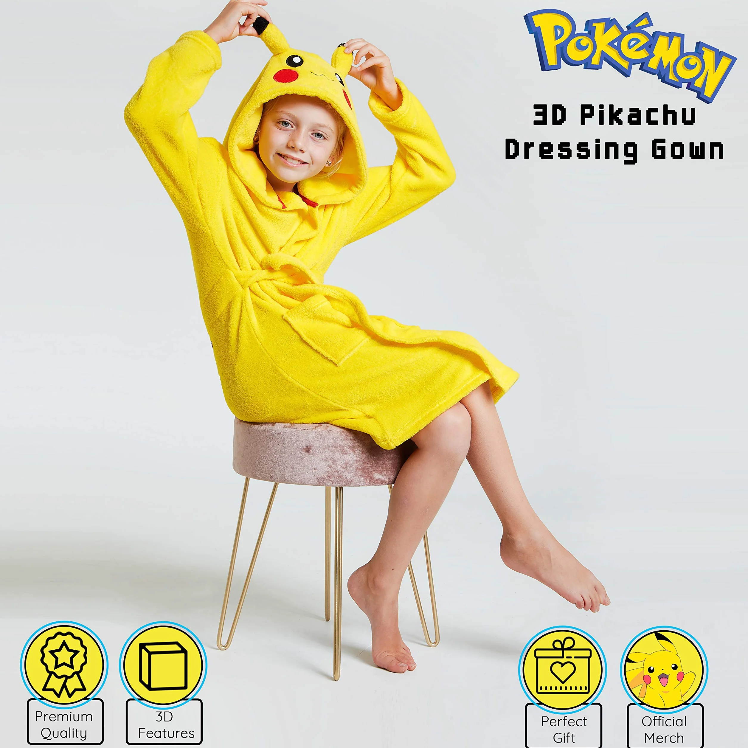 Pokémon Robe De Chambre Enfant De Pikachu, Peignoir Garçon Ou Fille en Polaire Douce avec Capuche Taille 4-14 Ans