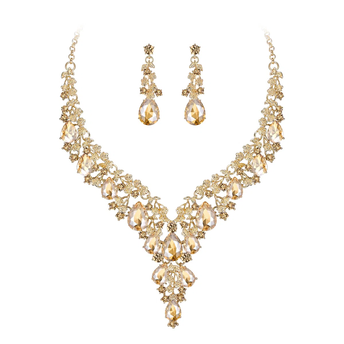 Parure Bijoux Femme Mariage Cristal Strass Multi Fleurs Gouttes d'eau Collier et Boucles d'oreilles Clair Ton d'argent