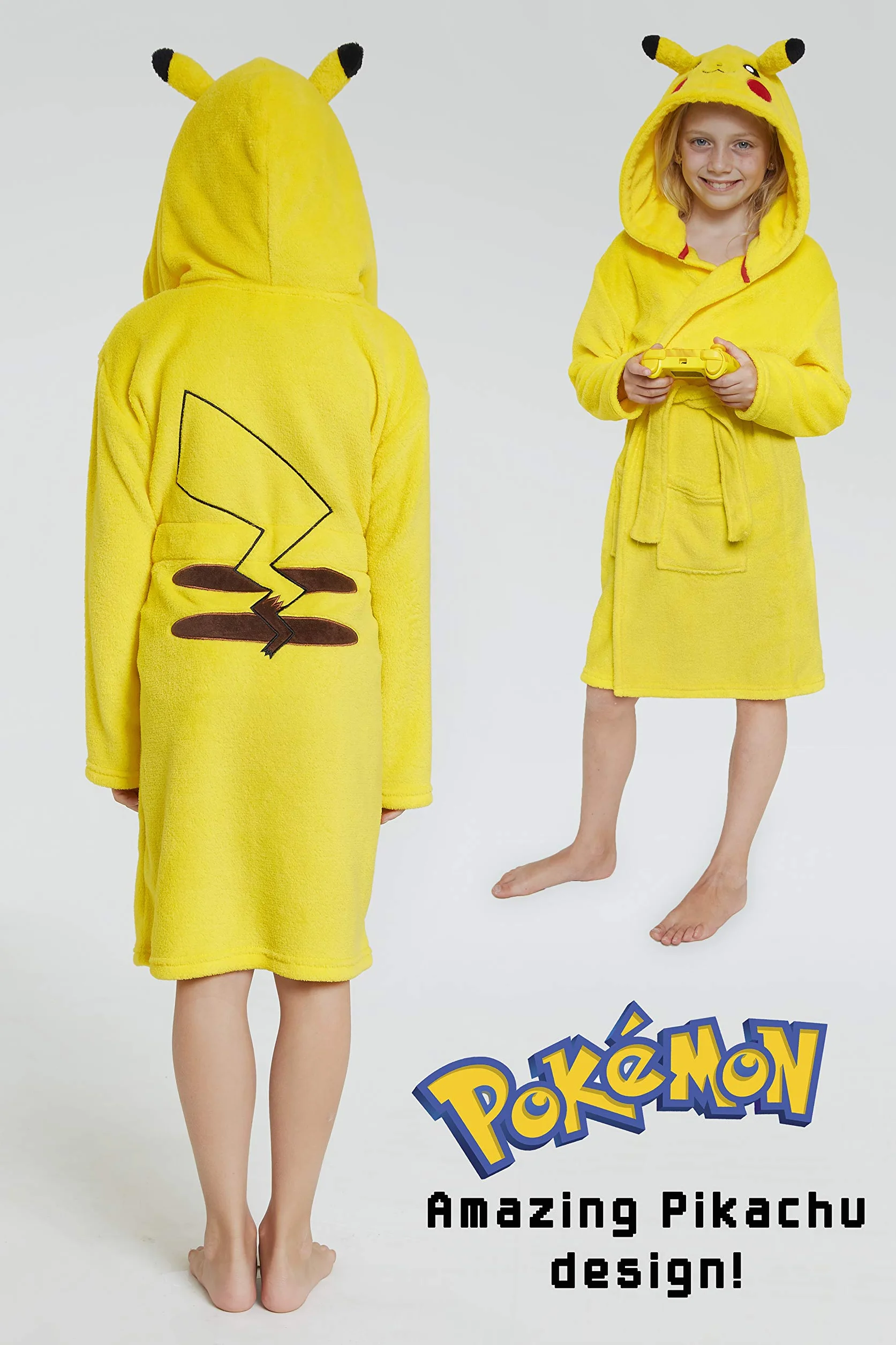 Pokémon Robe De Chambre Enfant De Pikachu, Peignoir Garçon Ou Fille en Polaire Douce avec Capuche Taille 4-14 Ans