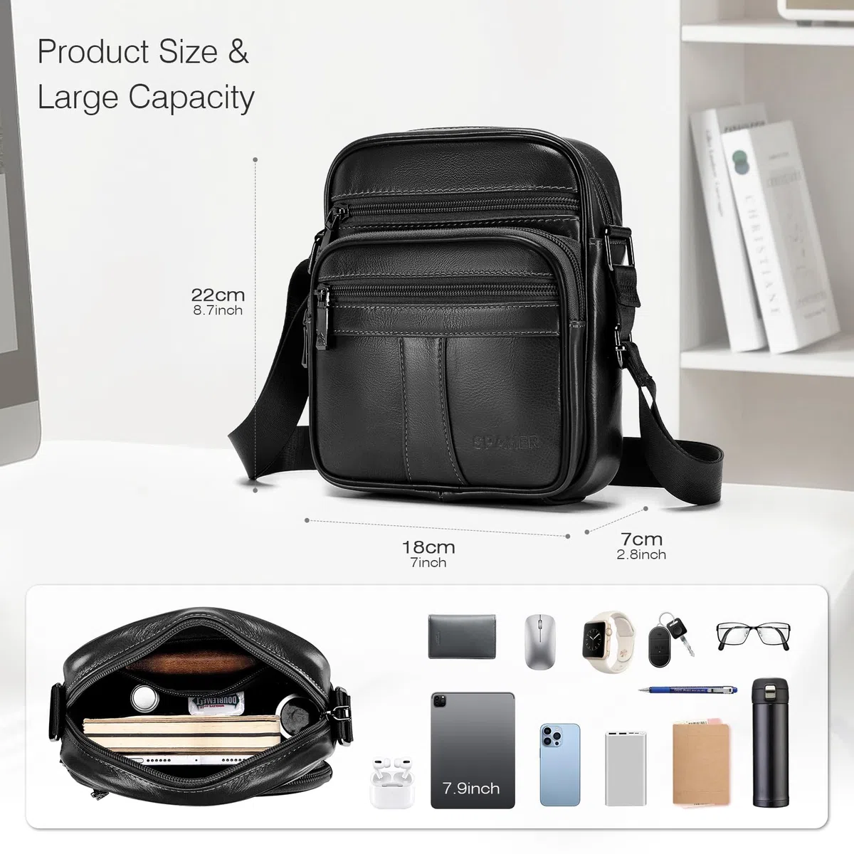SPAHER Sacoche Homme Bandouliere Cuir Veritable Petit Sac Bandoulière Homme Sac Porté Epaule Sacs Business Vintage Sacs à Dos Porté Travers Pochettes Multifonctionnel Sacs à Main Voyage