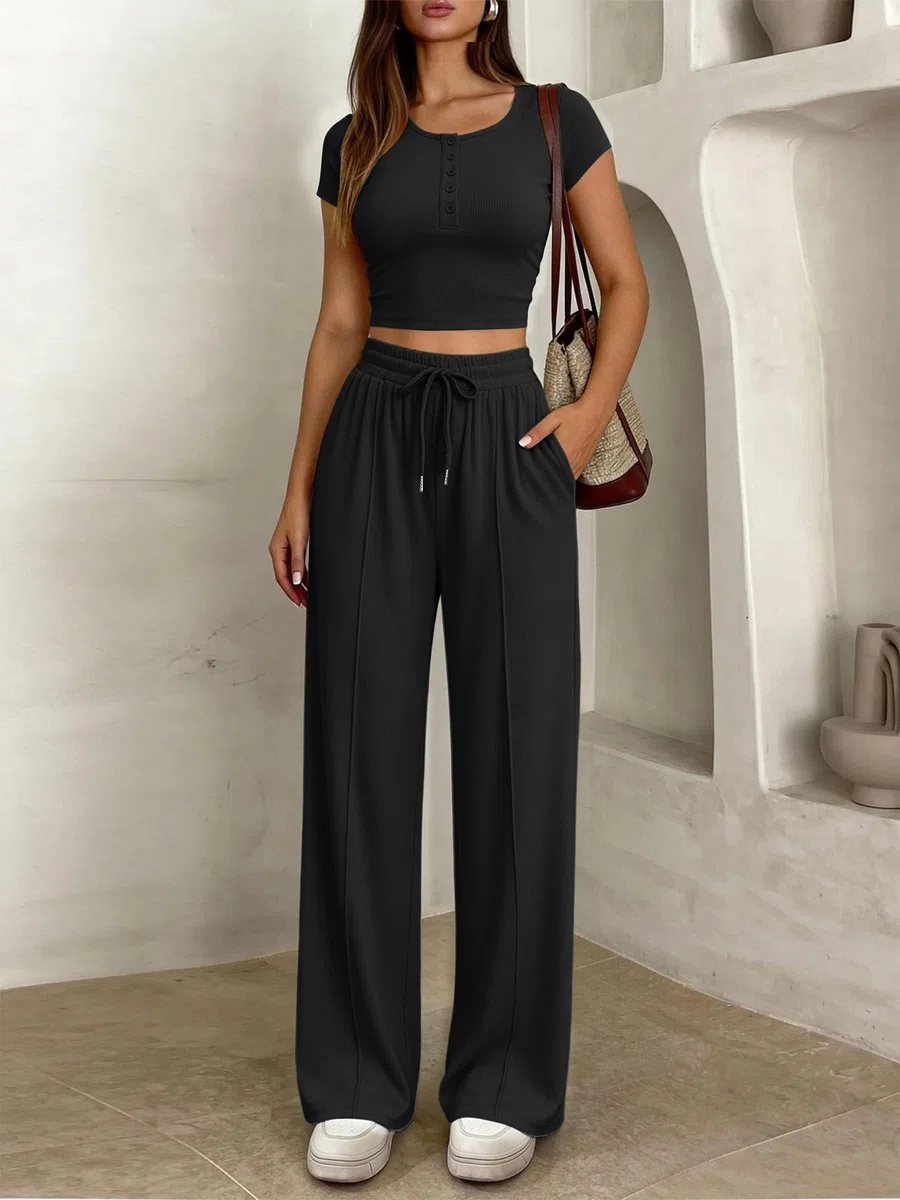 JFAN Ensemble Femme 2 Pièces Casual de Sport Slim Fit Short Sleeve Top et Cordon Pantalon avec Poches Loungewear Chic Outfit Été Automne Survêtement Suit