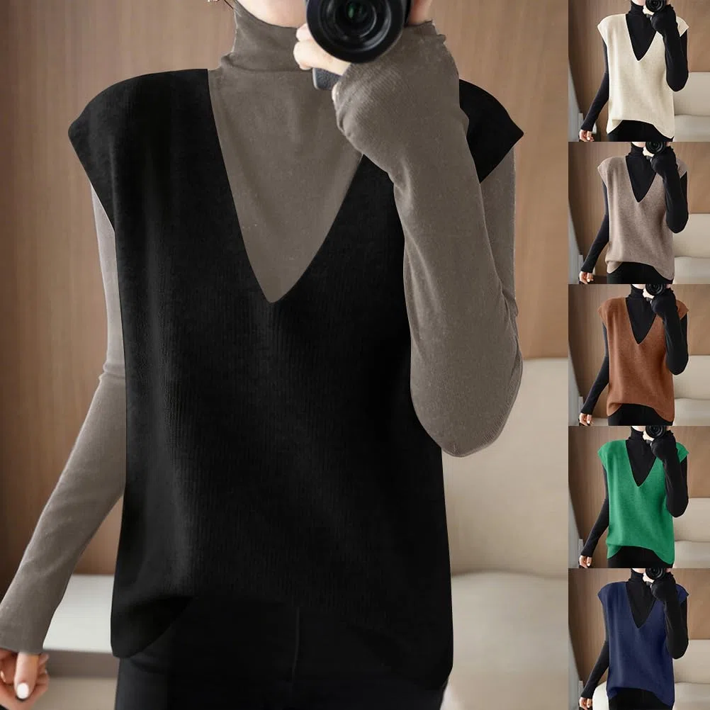 shownicer Pull sans Manches Femme Chic Et Elegant Col en V Gilet en Tricot Décontracté Couleur Unie Débardeur