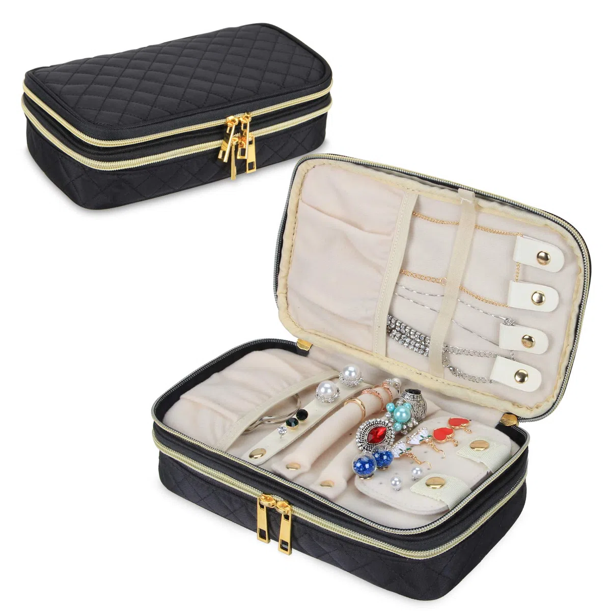Teamoy Étui à Bijoux de Voyage, Pochette Bijoux Voyage matelassé à Double Couche avec Compartiments, Porte-Collier et Panneau de Boucles d'oreilles, Noir