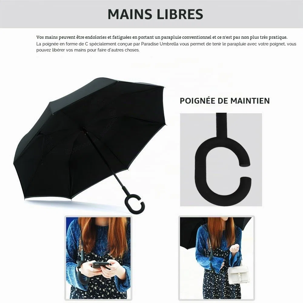 Parapluie Inversé, Anti-UV Double Couche Coupe-Vent Parapluie, Mains Libres poignée en Forme C Parapluie