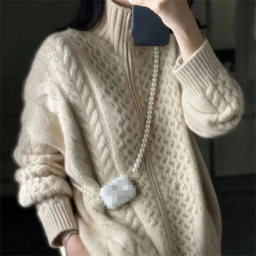 Cardigan Tricoté en Cachemire À Col Roulé pour Femme, Pull en Laine Ample, Grande Taille, Haut De Veste