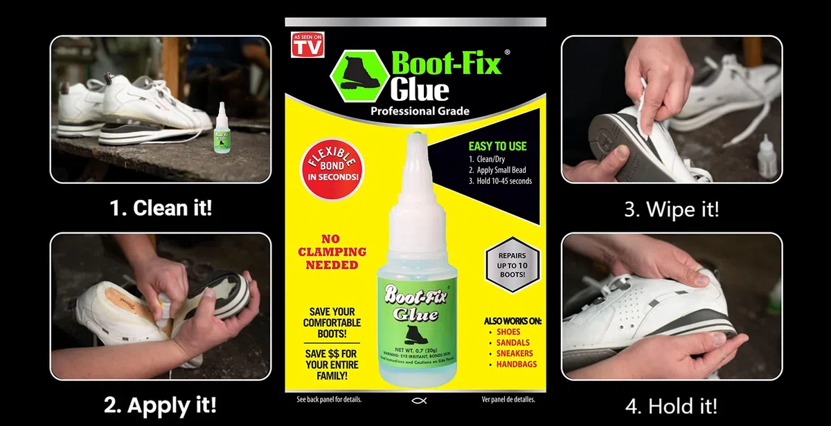 Colle pour chaussures Boot-Fix : Colle de réparation de chaussures instantanée de qualité professionnelle.