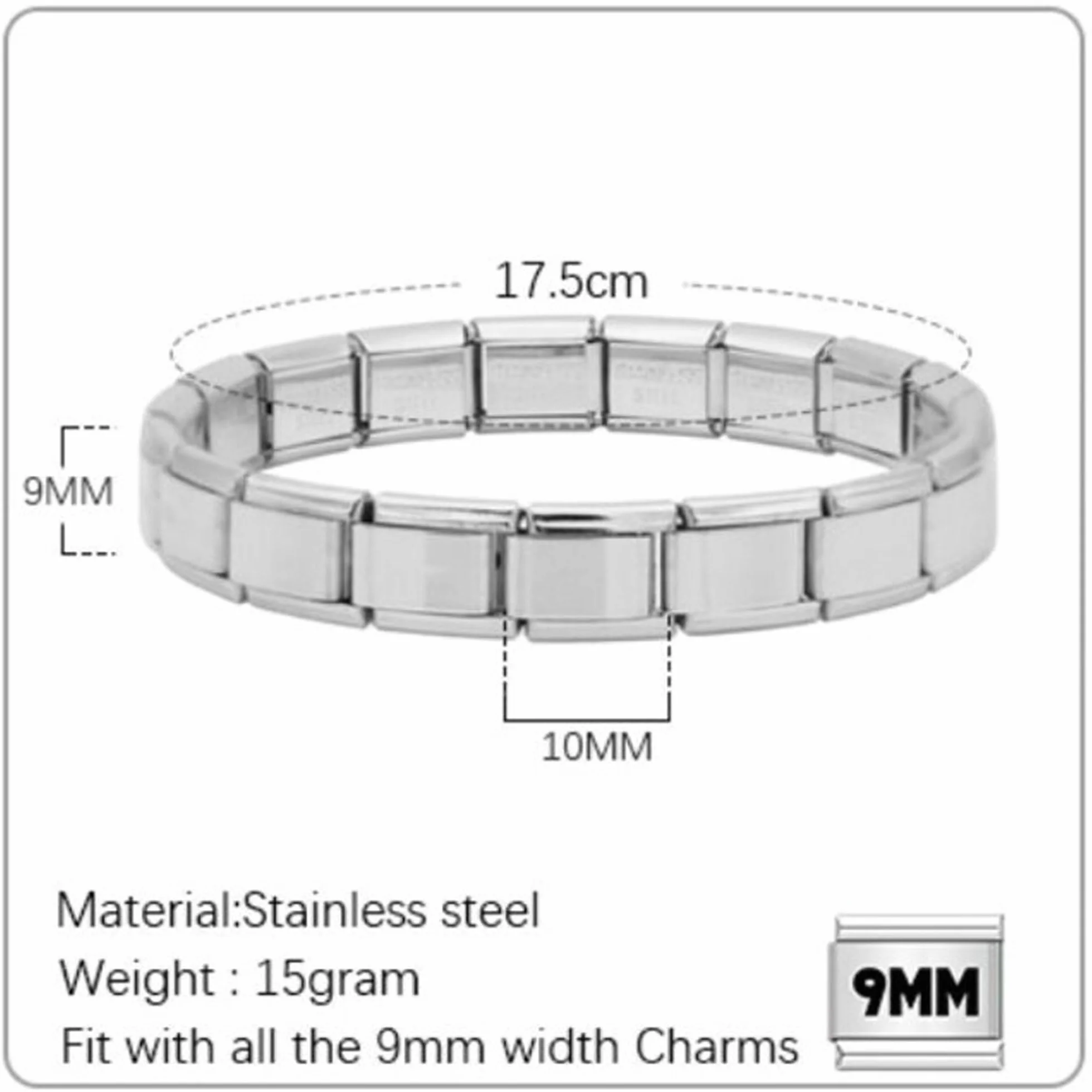 Quiges - Module de lien de charme de style italien de 9 mm en acier inoxydable et verre coloré pour bracelets de style italien