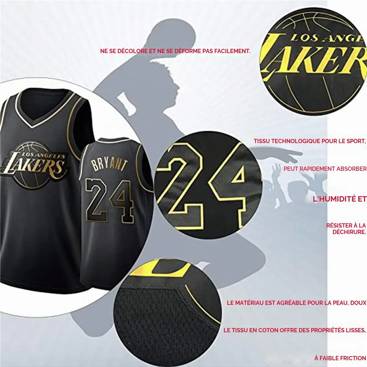 # 24 Maillot de basket-ball noir et doré, gilet de sport unisexe sans manches.