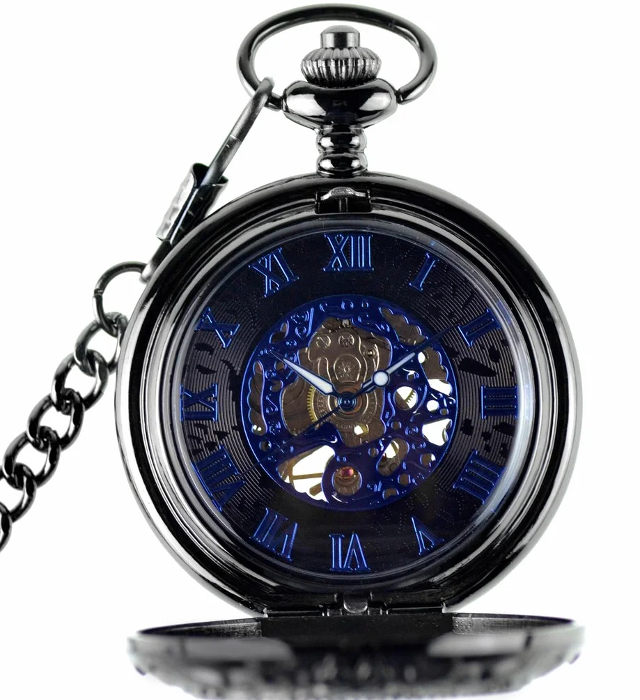 Unendlich U Infinite U Aigle/Ange/Phénix Bleu Chiffre Romains Cadran Mécanique Montre de Poche Squelette en Acier Pendentif Collier Noir