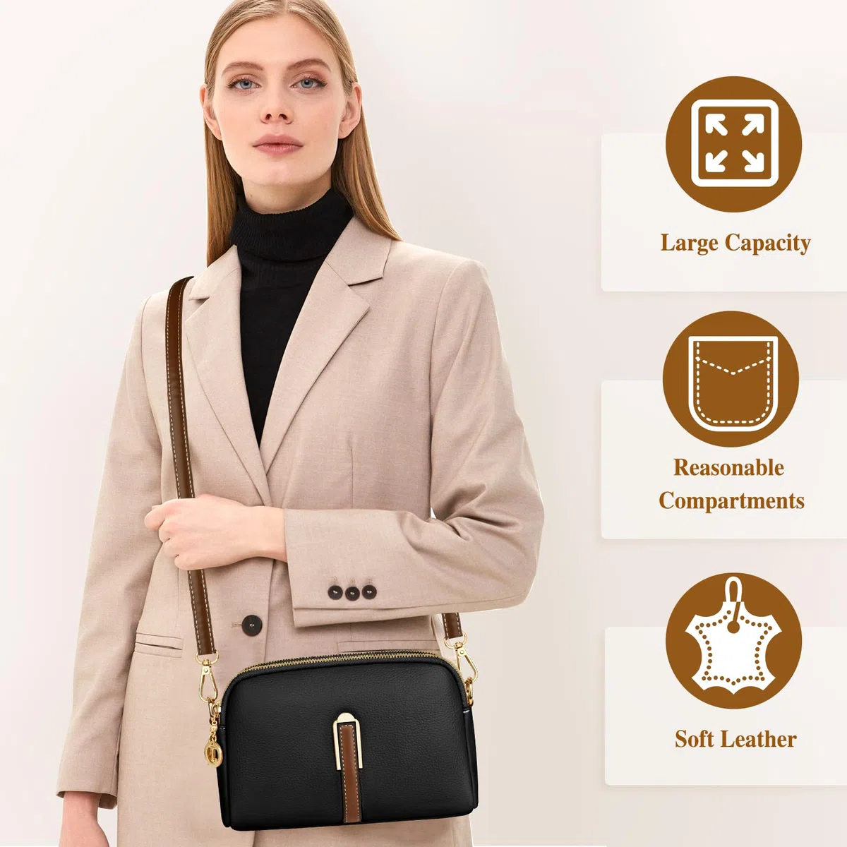 TEUEN Petit Sac a Bandoulière Femme, Simili Cuir Souple en PU Saccoche Bandouilliere avec Poches Multiples 2 in 1 Sacs à Main Portés Épaule et Pochette Bandoulière pour Telephone Portable