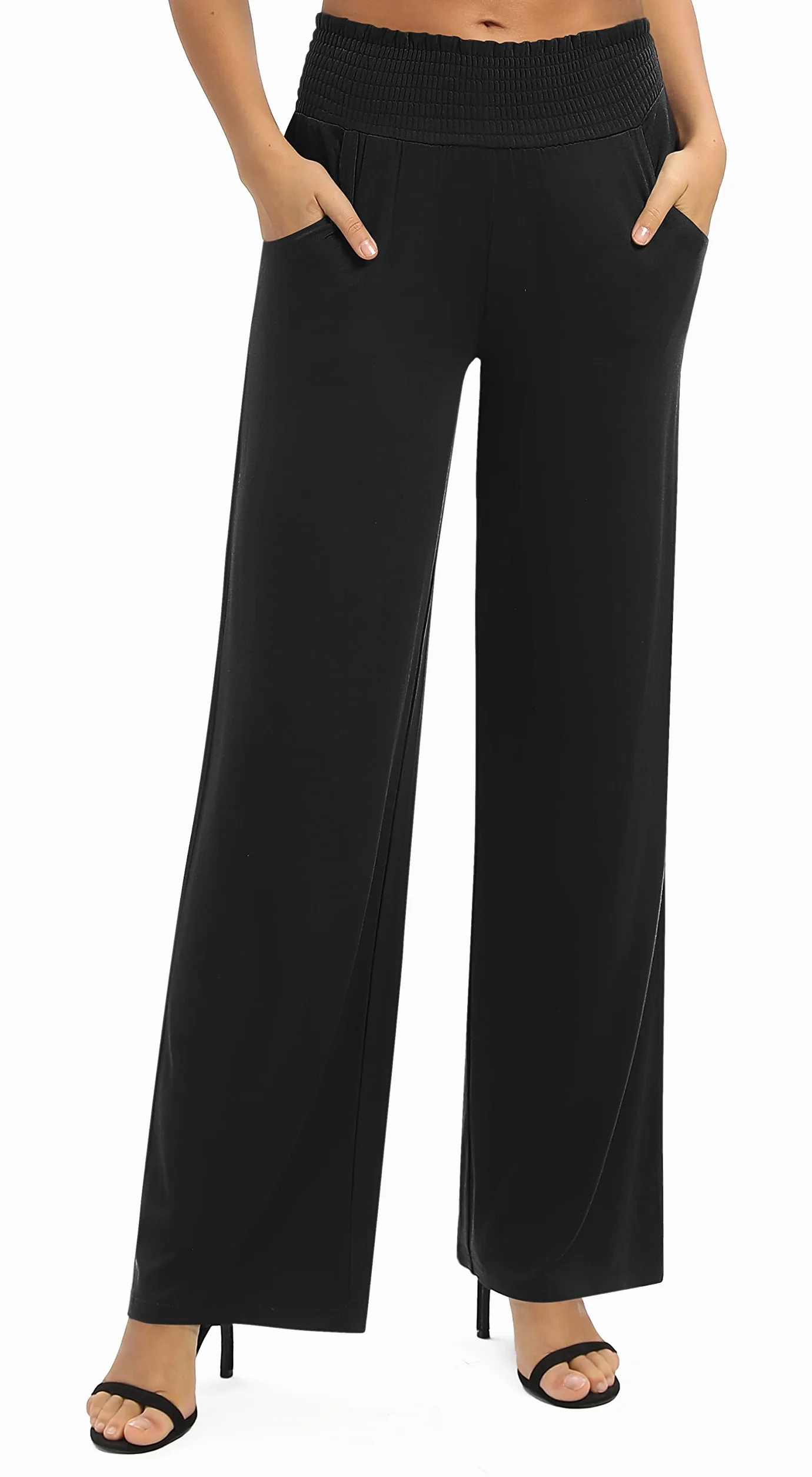 EXCHIC Femmes Solide Ample Jambe Droite Palazzo Pantalon Taille Haute Extensible Décontractés Pantalon avec Poches