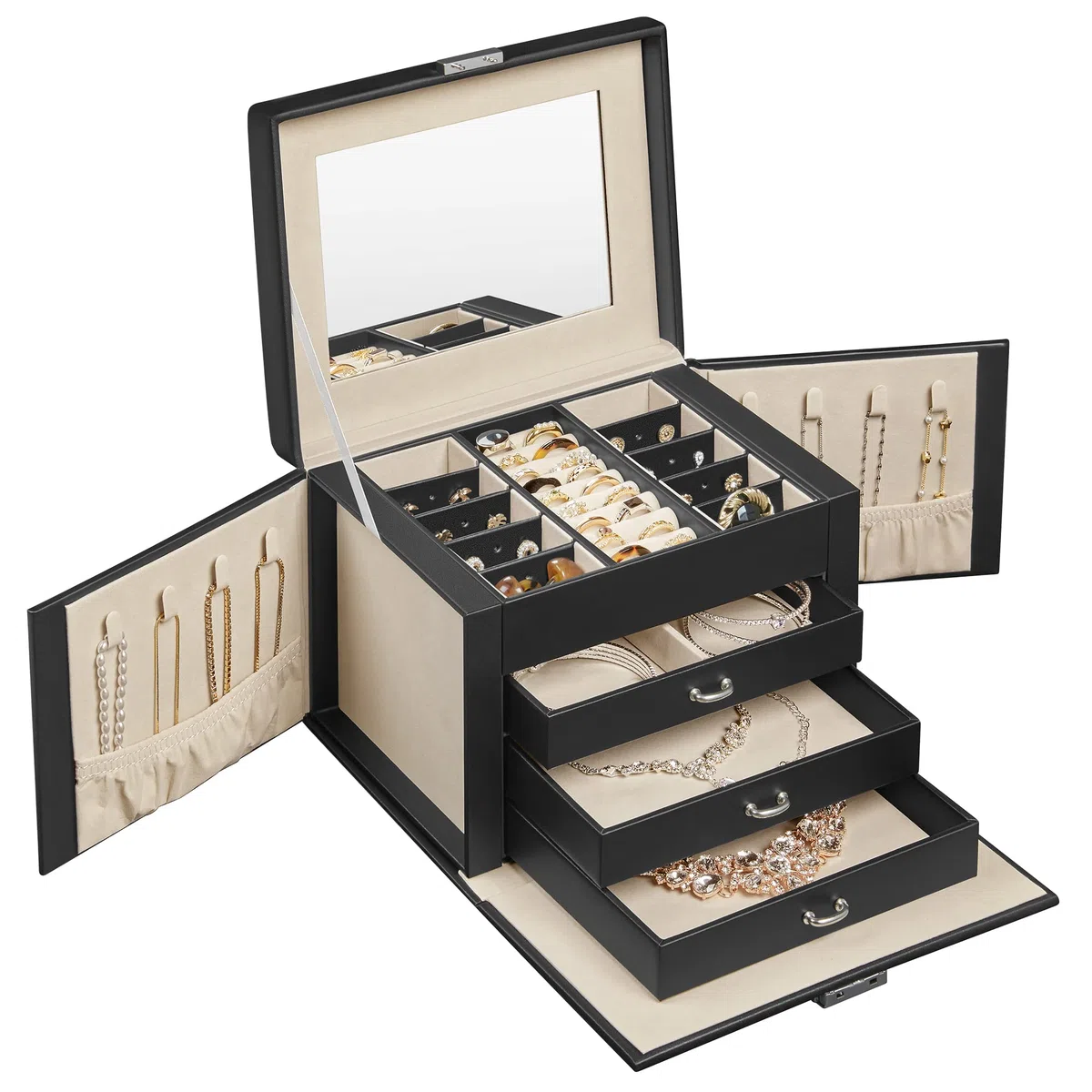 SONGMICS Boîte à Bijoux 4 Niveaux, Écrin à Accessoires avec 3 Tiroirs, Coffre de Rangement, Poignées, Miroir Intérieur, Verrouillable, Rangement pour Bijoux, pour Montres, Noir d'Encre JBC159B01