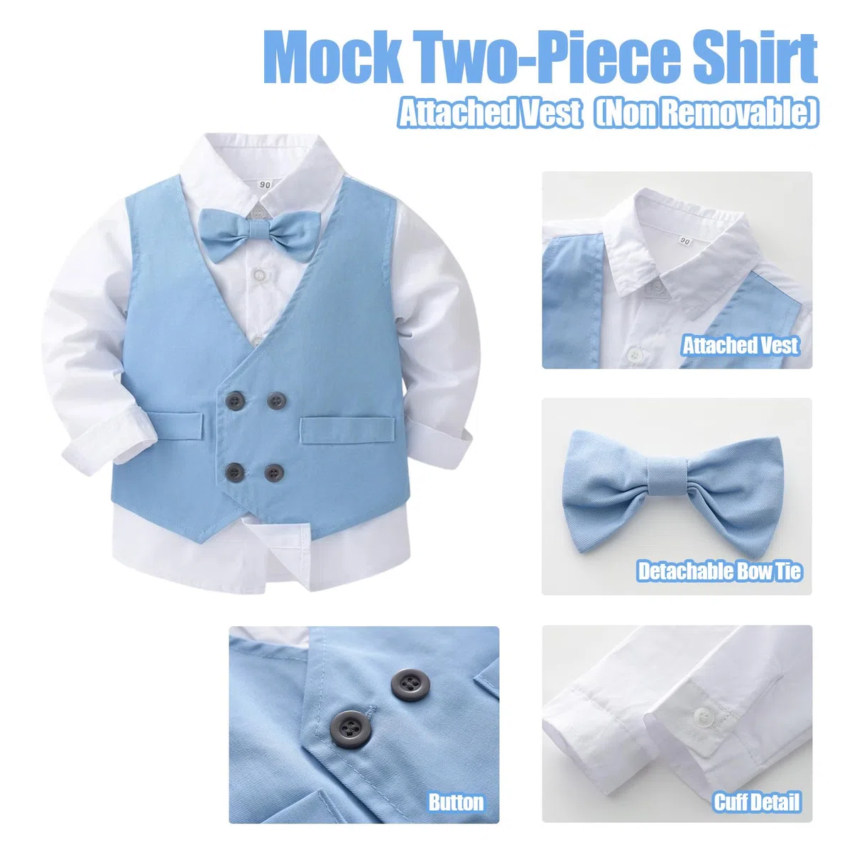 Ensemble de costume formel 2 pièces pour tout-petit garçon avec chemise et gilet, costumes de gentleman pour garçons, tenues de mariage