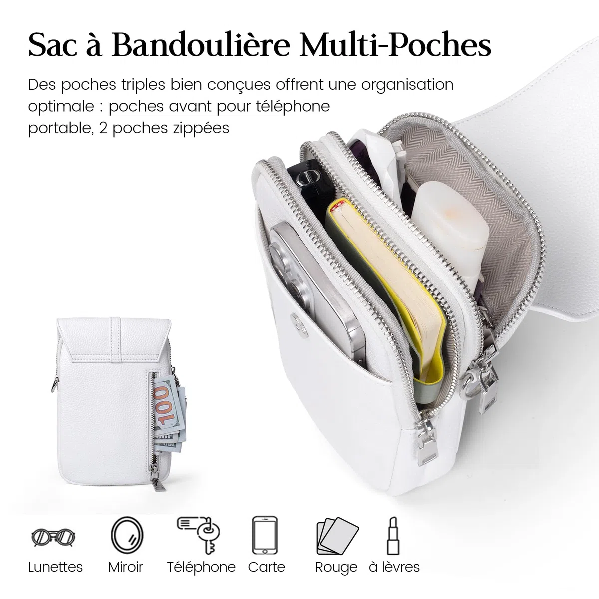 befen Petit Sac à Bandoulière en Cuir Véritable pour Femme, Sac à Bandoulière Multi-poches pour Téléphone Portable avec Emplacements pour Cartes de Blocage RFID