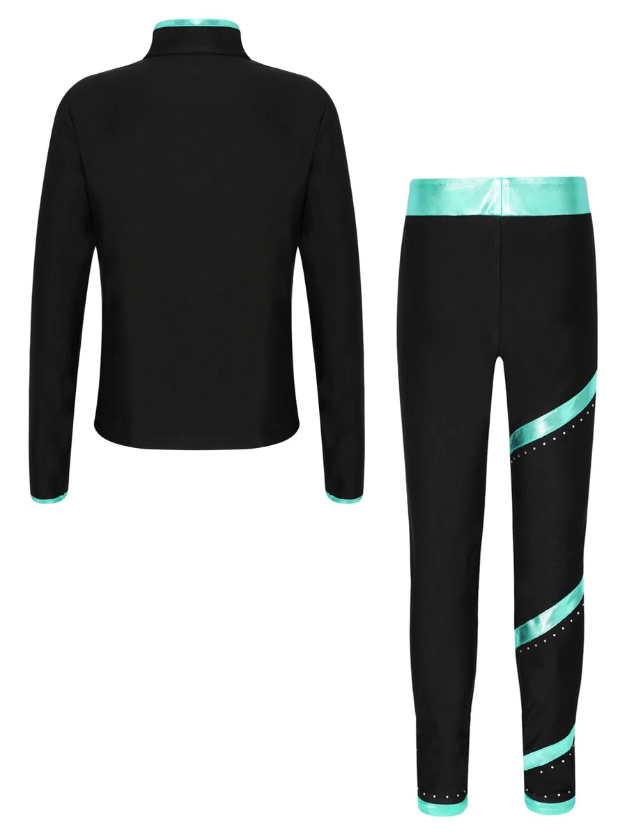 TiaoBug Enfant Fille Ensemble de Patinage Artistique Veste de Gymnastique Manches Longues et Pantalon de Sport Danse Yoga Survêtement Sportwear 5-16 Ans
