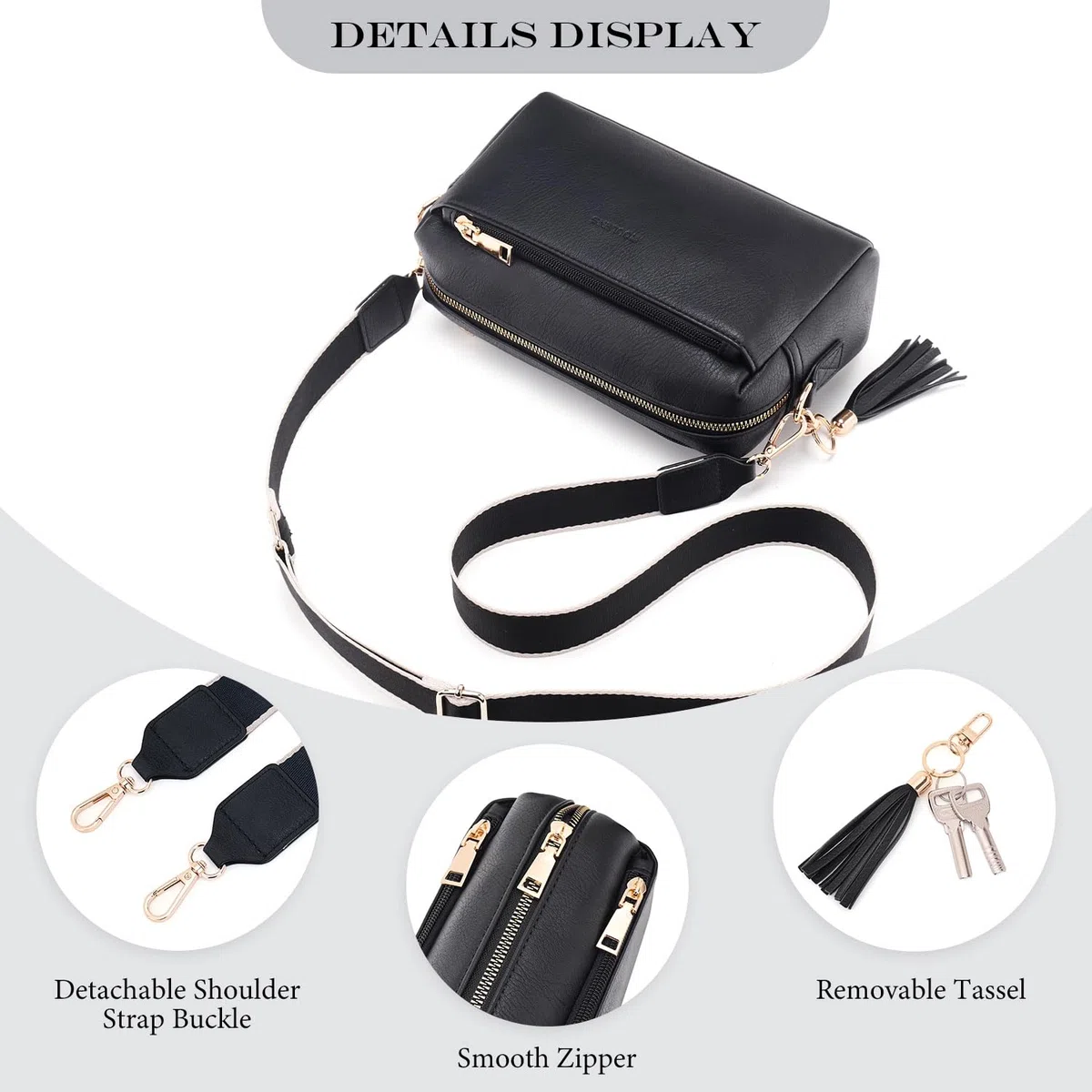 Roulens Petit Sac Bandoulière Femme avec 3 Compartiments Zippés,Sac à Bandoulière Femme en Cuir PU,Sac a Main Femmes Sacoche Femme Bandoulière avec Large Sangle Réglable et Amovible