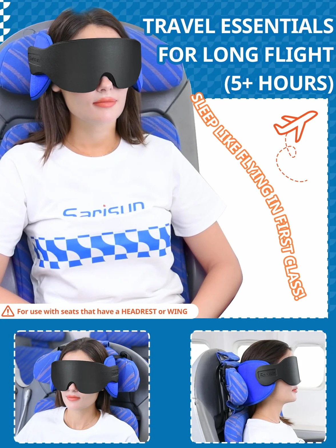 SARISUN Oreiller de Voyage, Oreiller Cervical avec Masque pour Les Yeux, Oreiller d'avion pour Long vol, Oreiller de Voyage pour Voiture, Appui-tête de Voiture, Noir