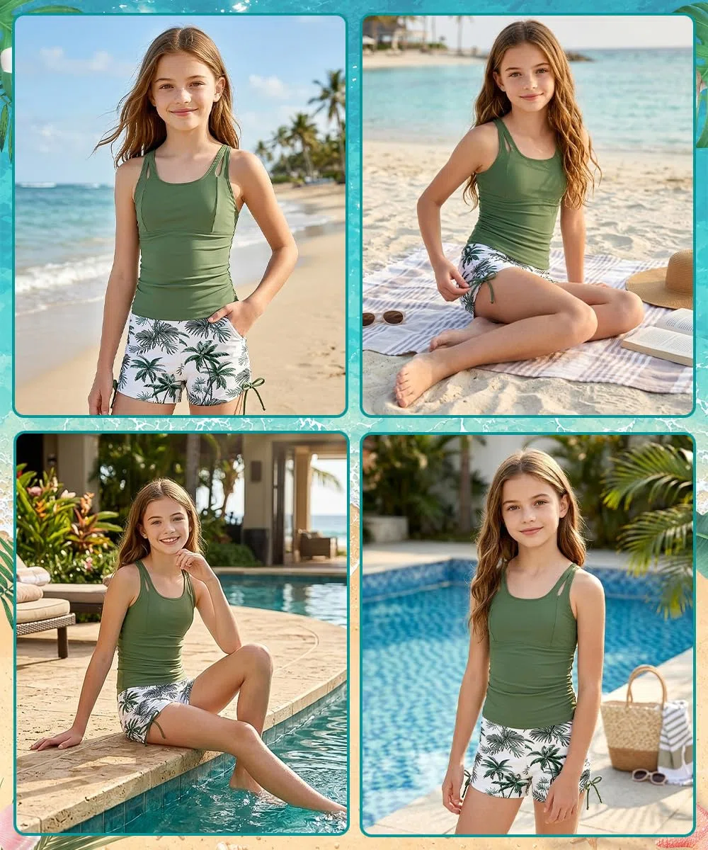Maillots de Bain Filles, Tankini Fille 2 Pièces Top uni avec Rembourrage Amovible Et Short Imprimé,Short de Bain Swimwear 11-16 Ans