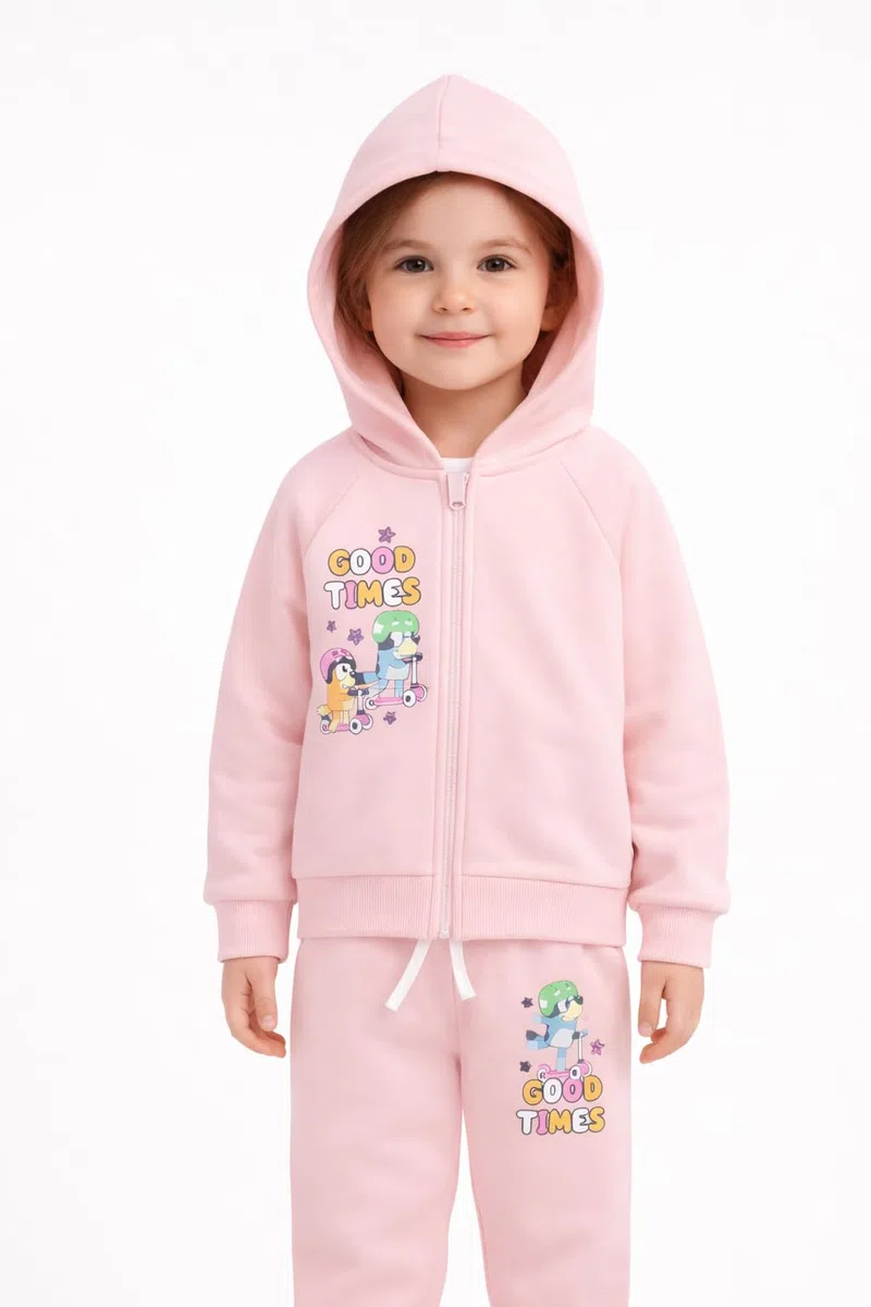 BlueY Survêtement Fille Rose Ensemble 2 Pièces Sweat à Capuche et Pantalon 100% Coton 12 Mois – 6 Ans